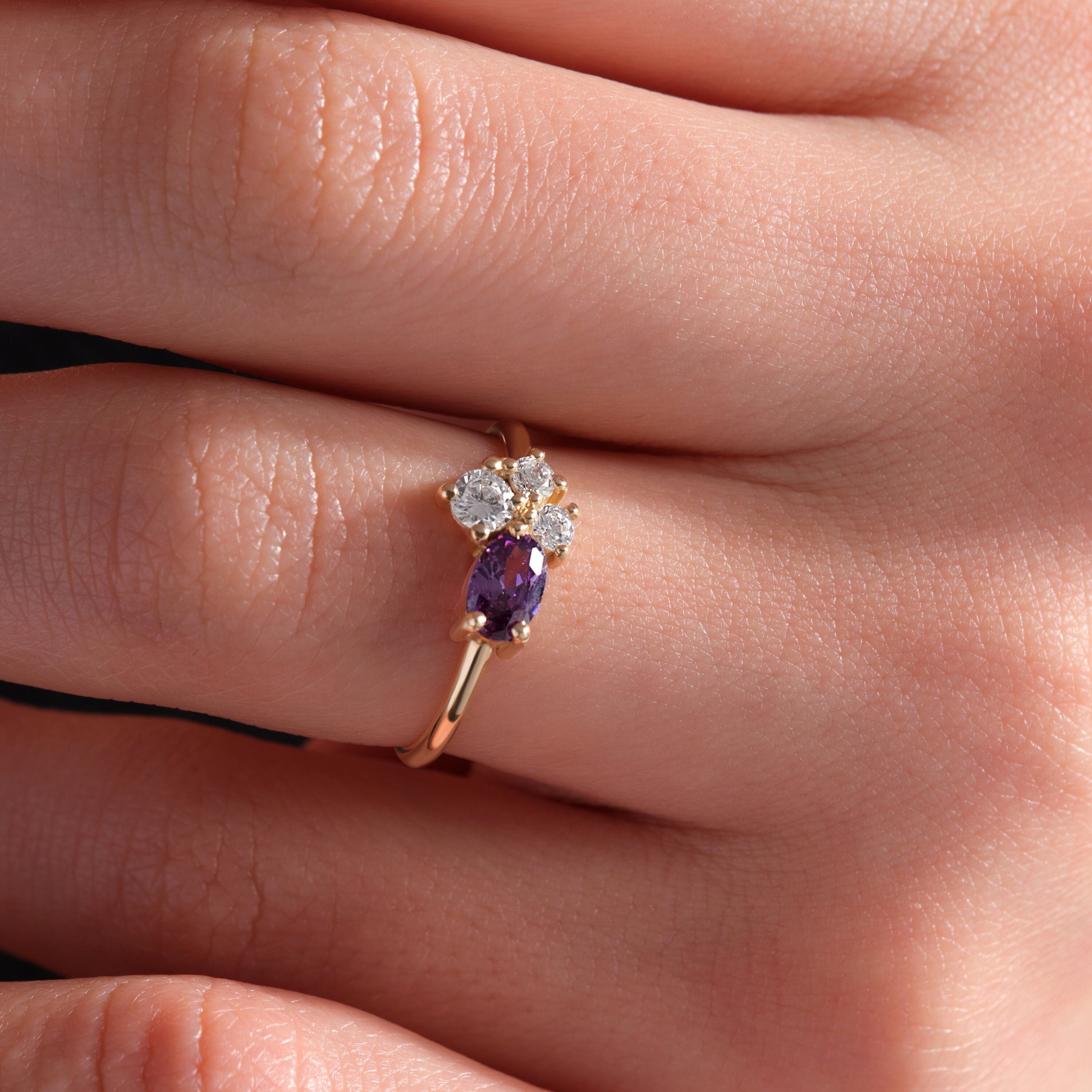 Birthstone Cluster Ring Solid Gold Oval Diamond