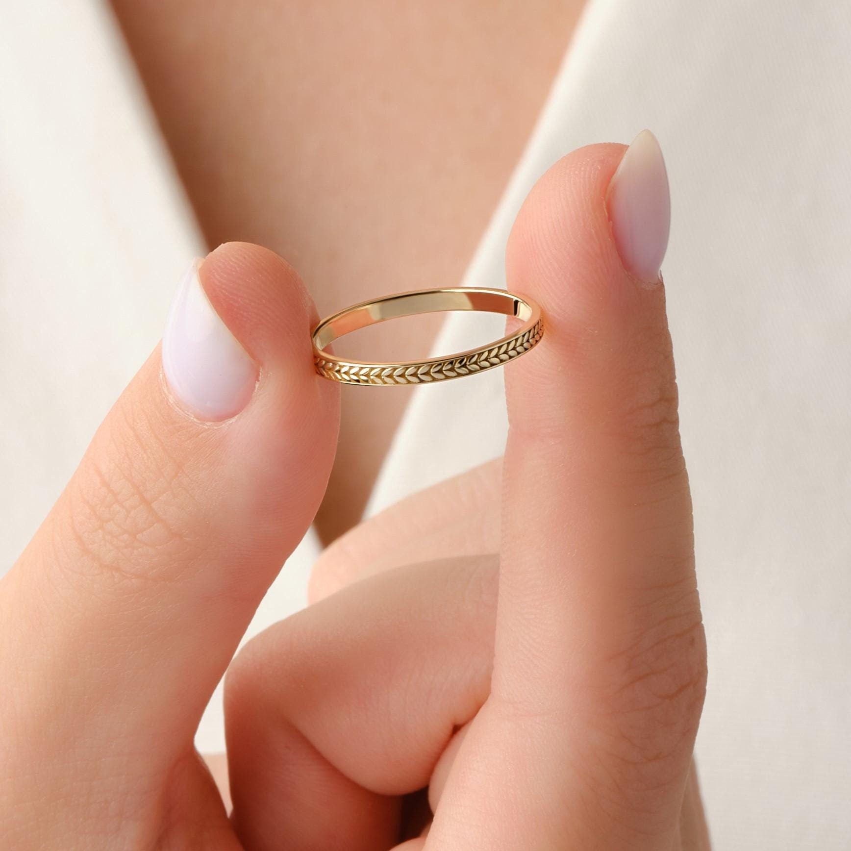 Solid Gold Floral Wedding Band Wheat Pattern Ring