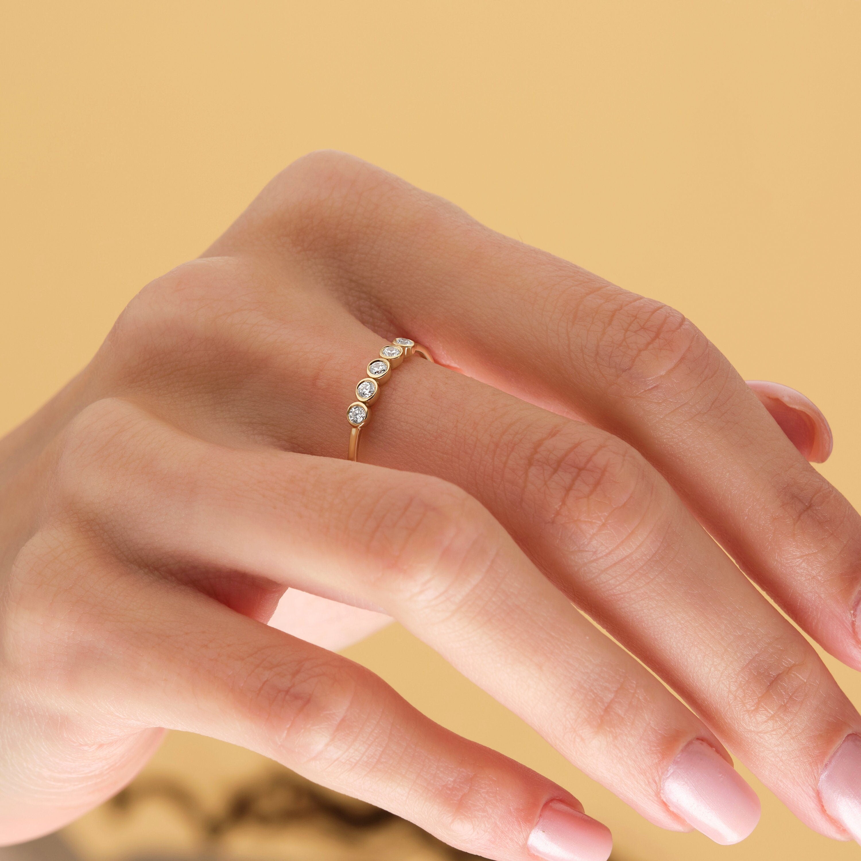 Gold Bezel Diamond Ring Solid Gold Wedding Band