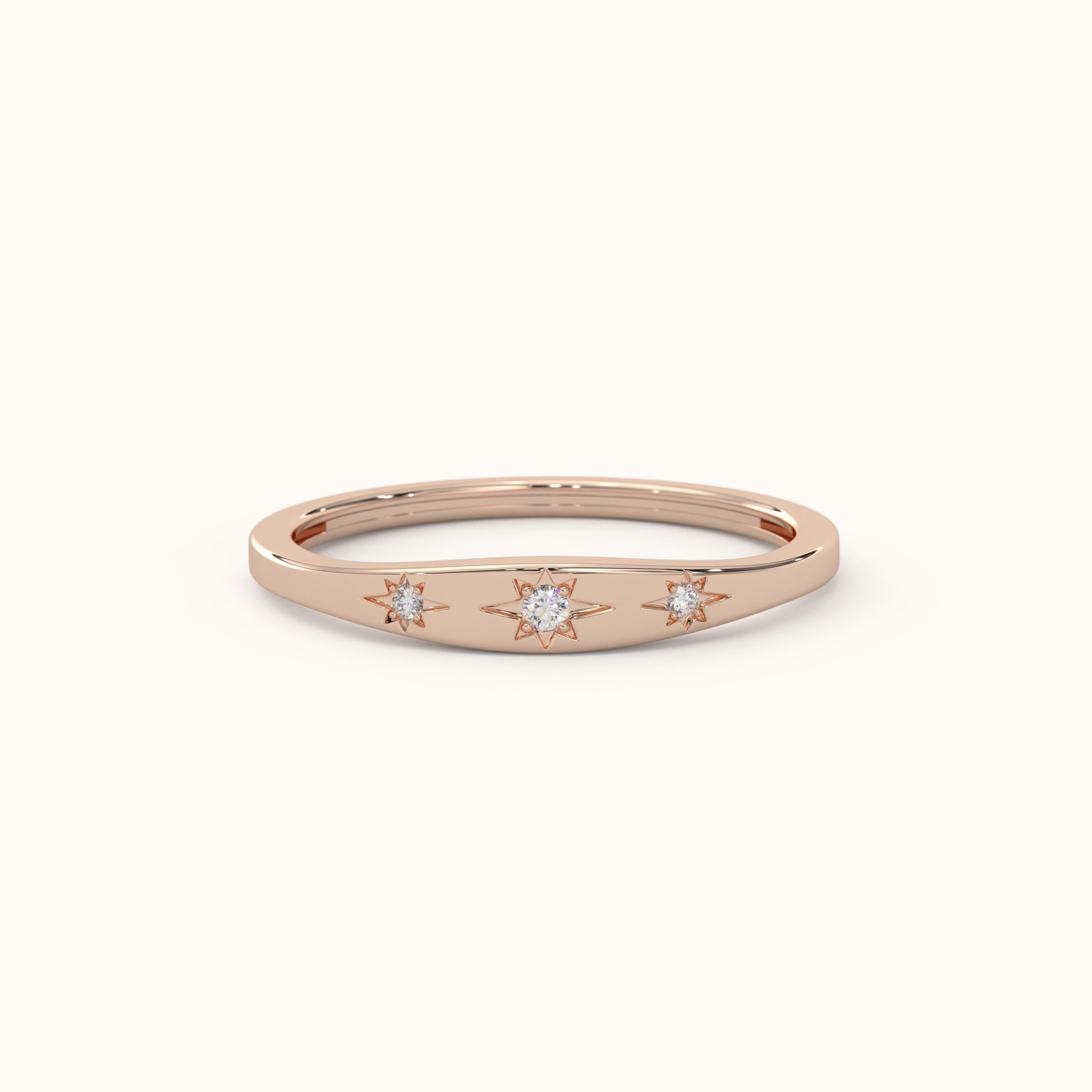 Three Stone Diamond Ring Solid Gold Starburst Band
