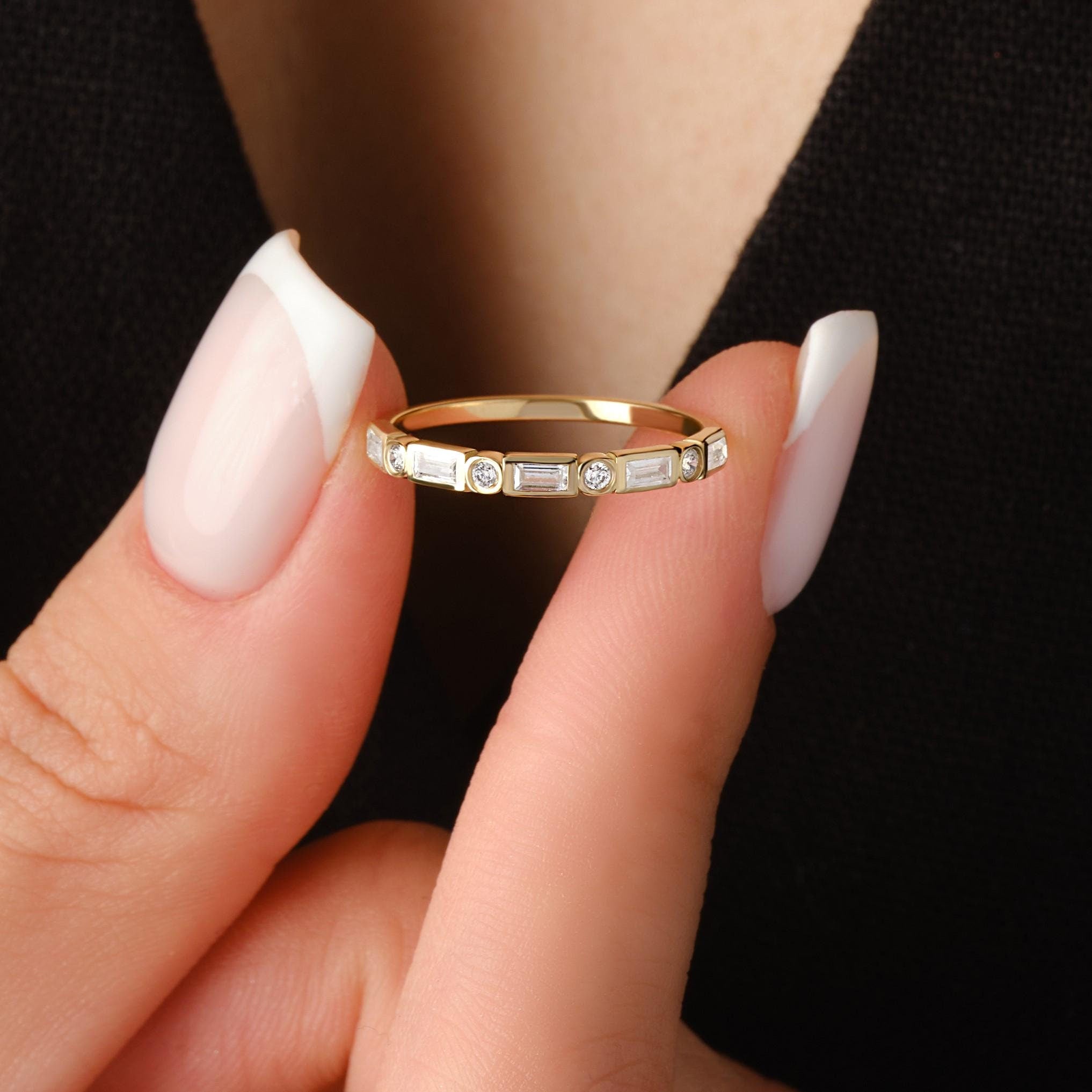 Bezel Setting Wedding Ring Solid Gold Baguette Diamond Band