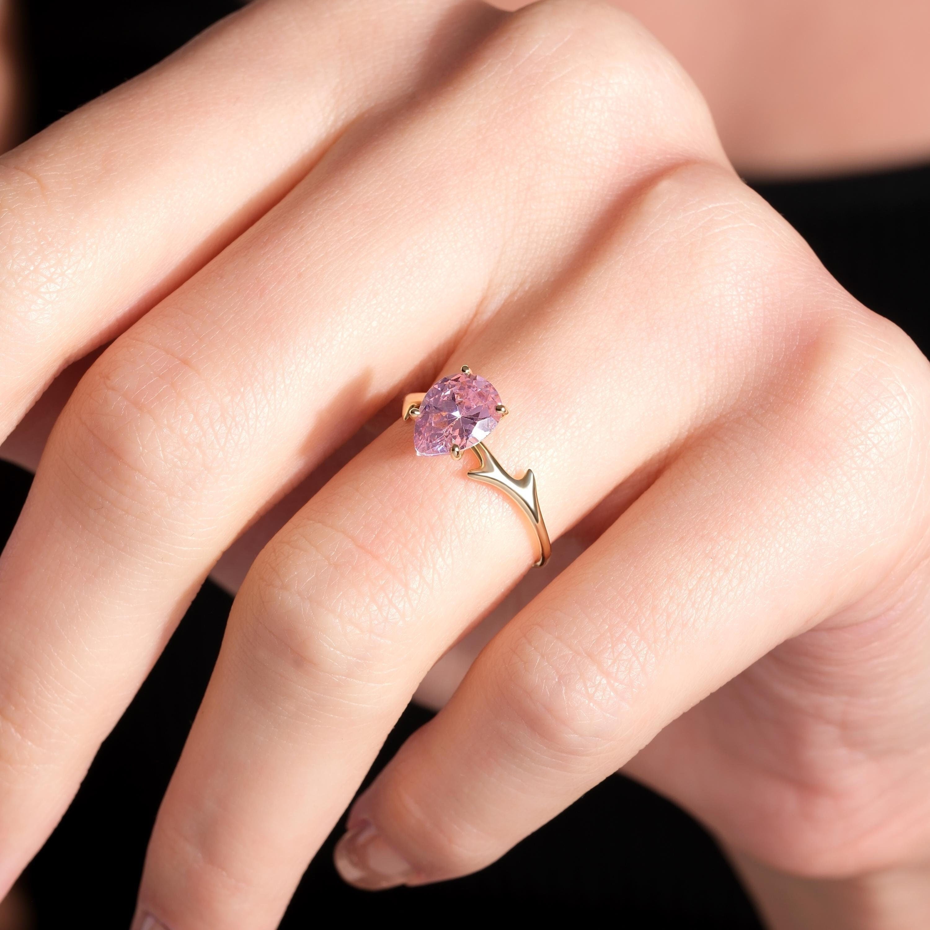 Pear Shaped Pink Ring Solid Gold Twig Style