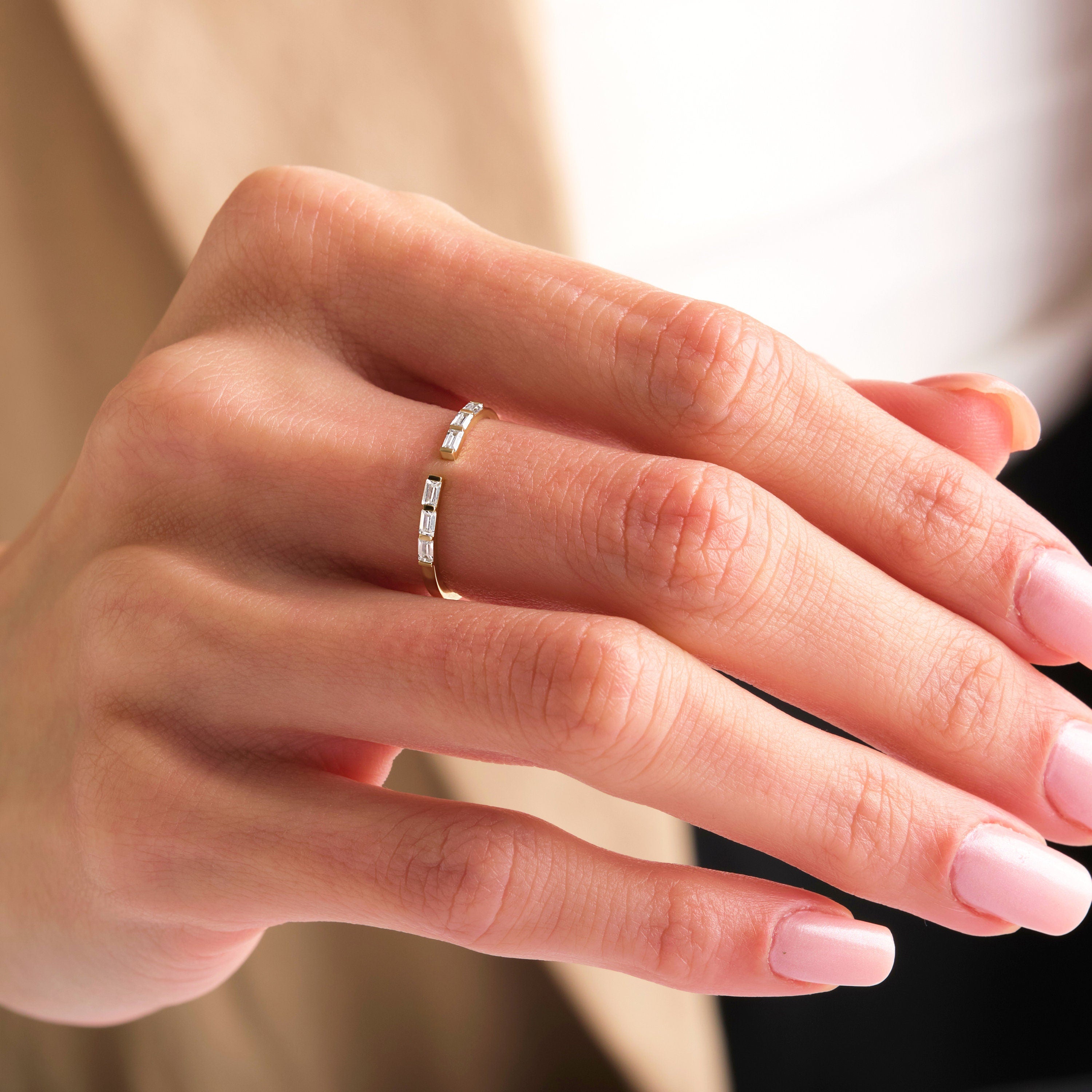 Baguette Diamond Ring Open Band Stacking Gold