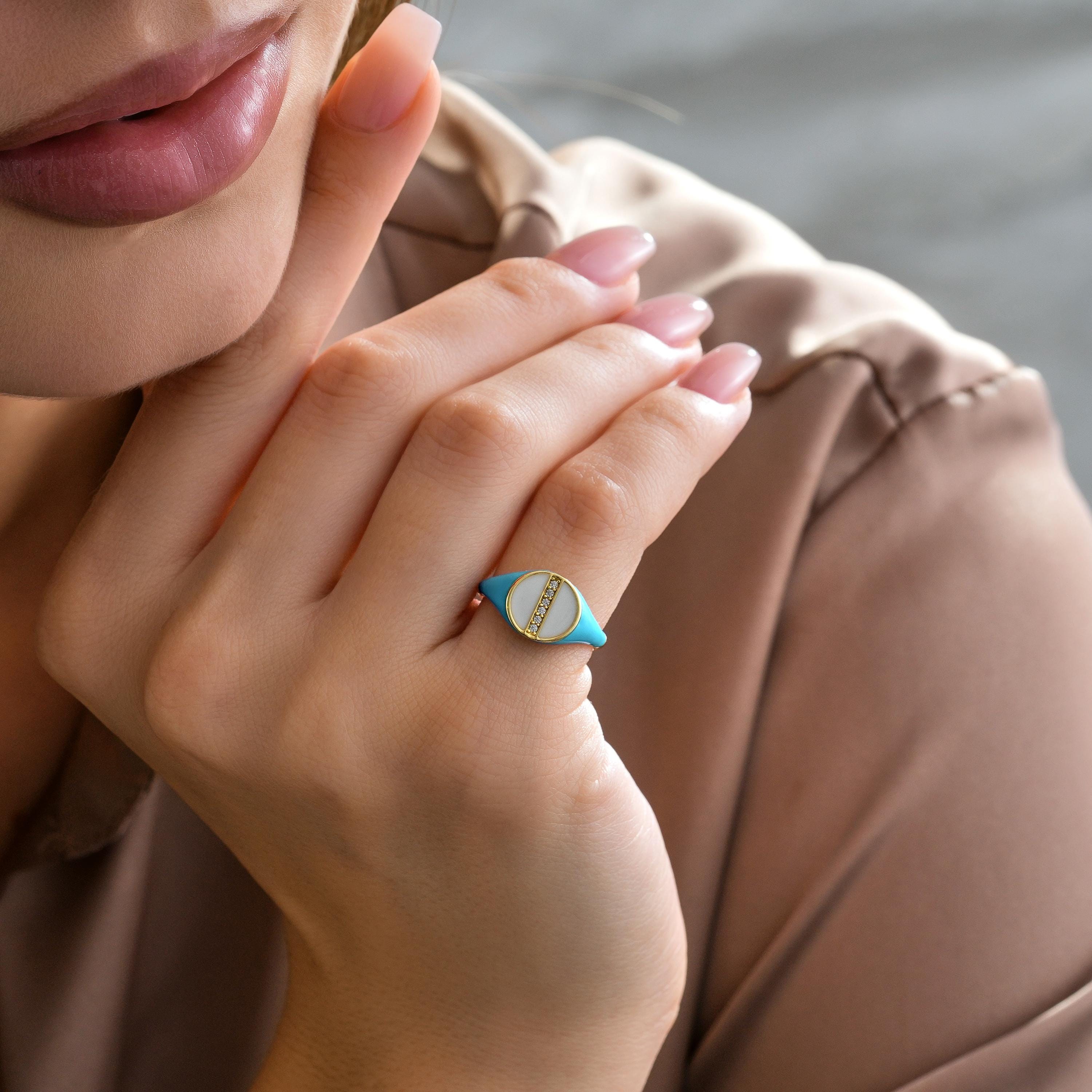 turquoise and white enamel round signet ring with micro pave CZ bar