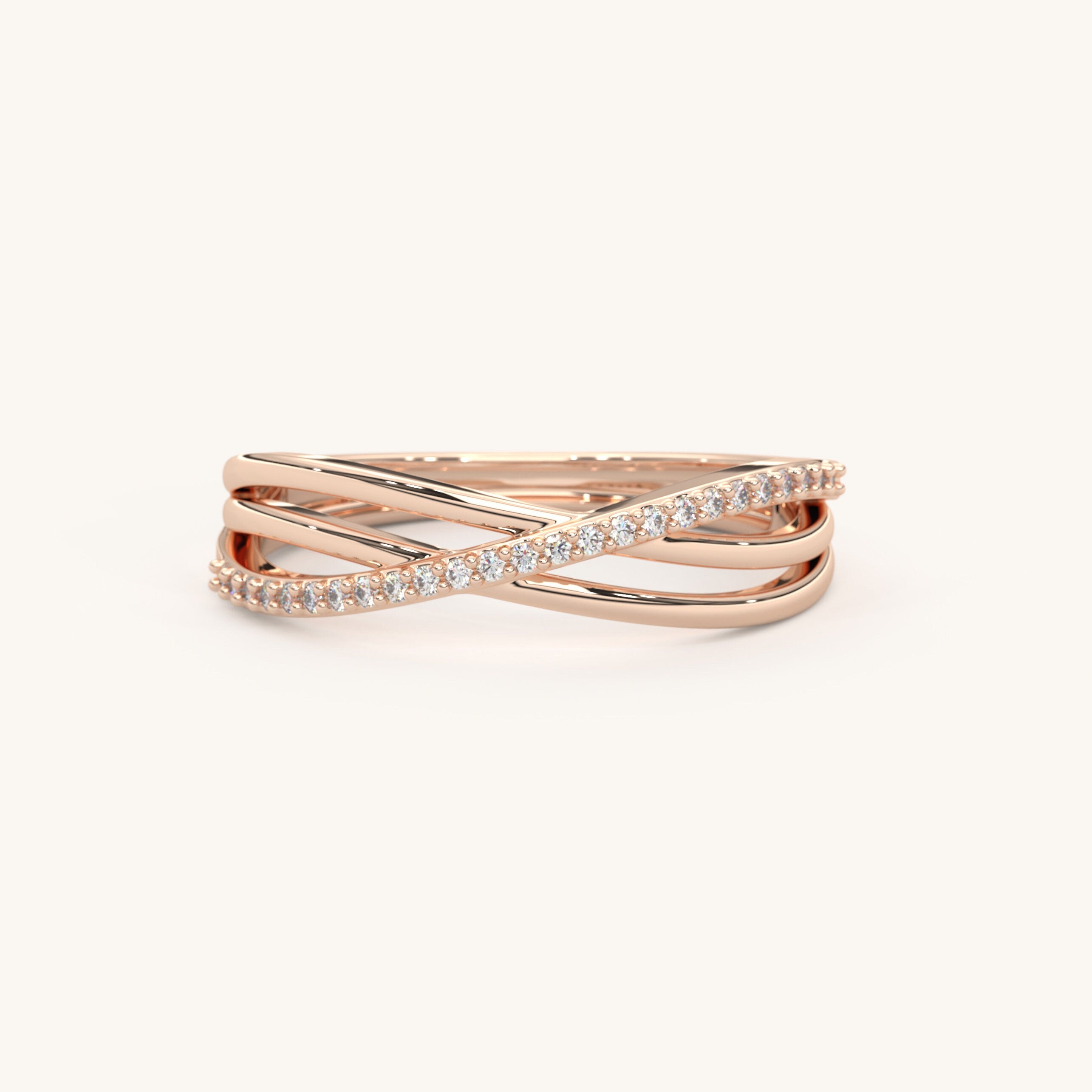 Solid Gold Triple Ring Interlocking Bands Pavé Diamond