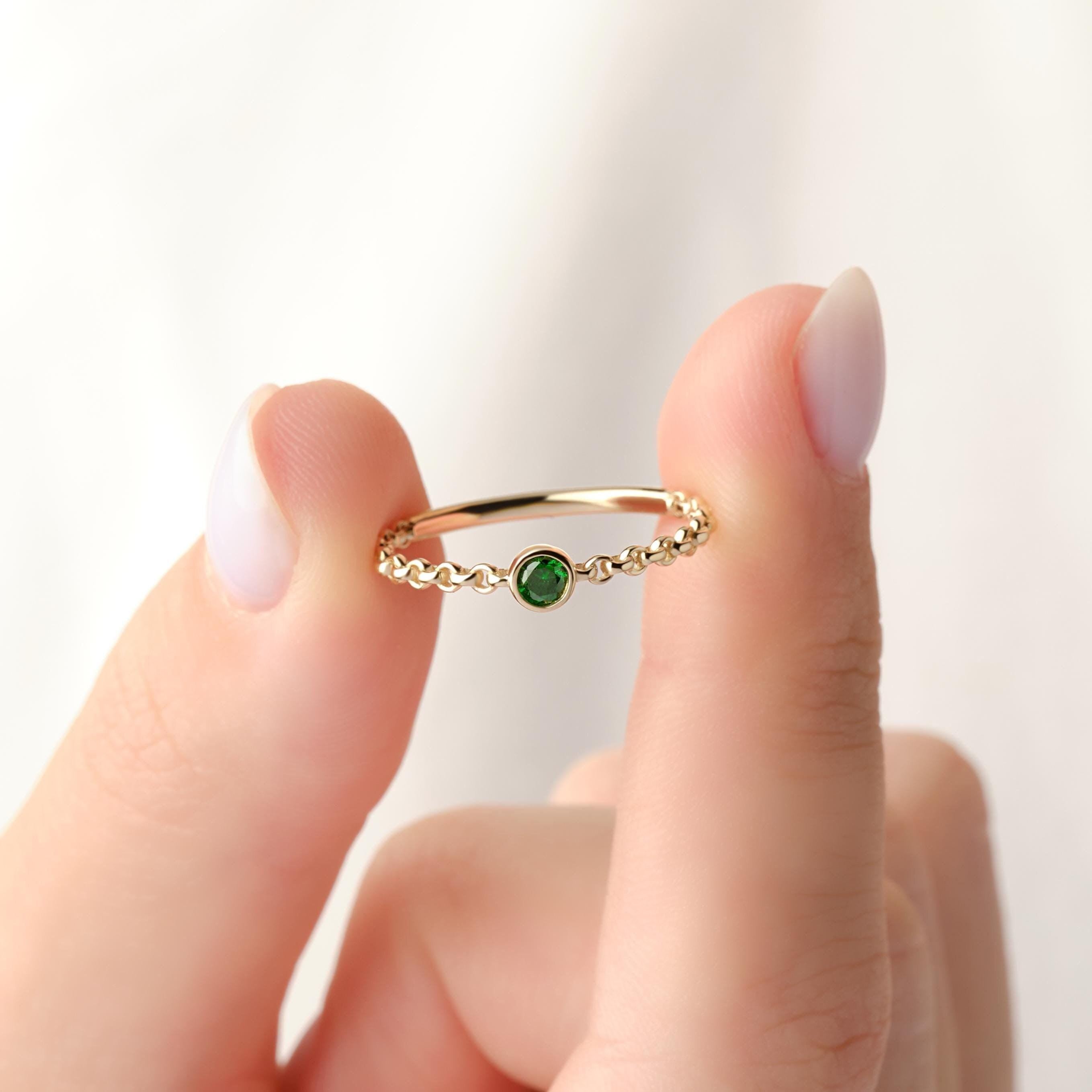 Bezel Set Gold Chain Emerald Birthstone Dainty Stacking Ring