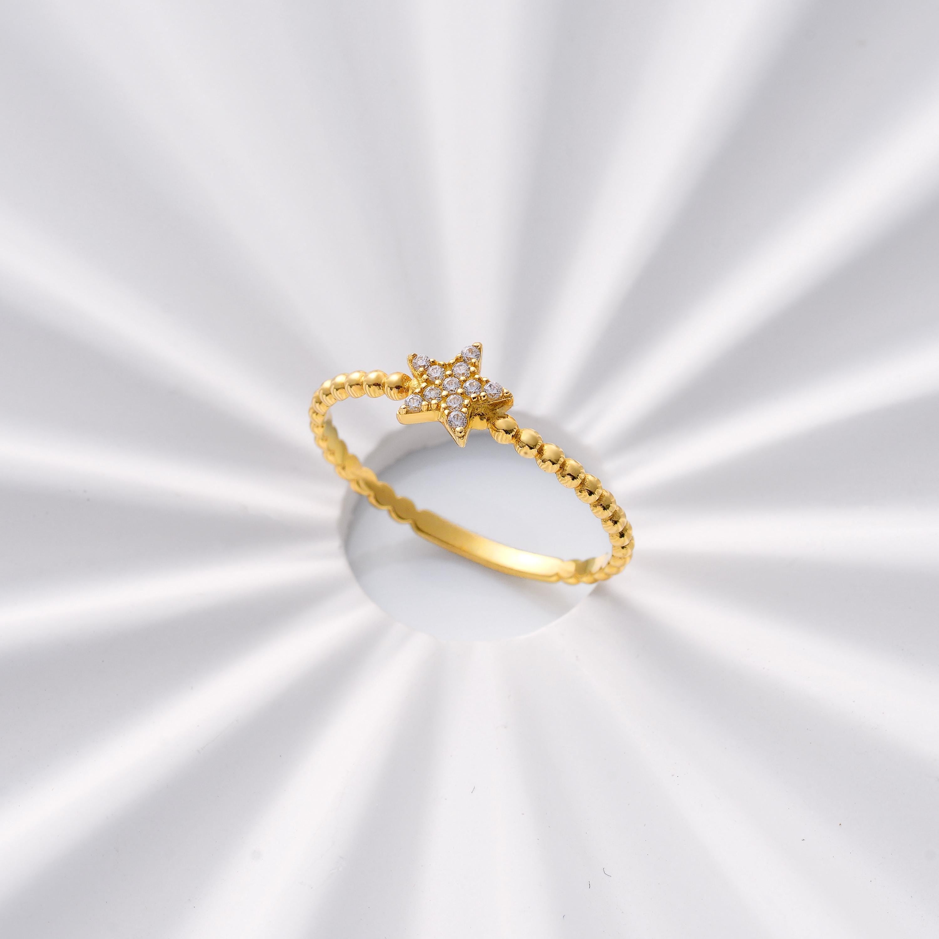 minimalist CZ diamond star ring gold beaded band dainty celestial jewelry