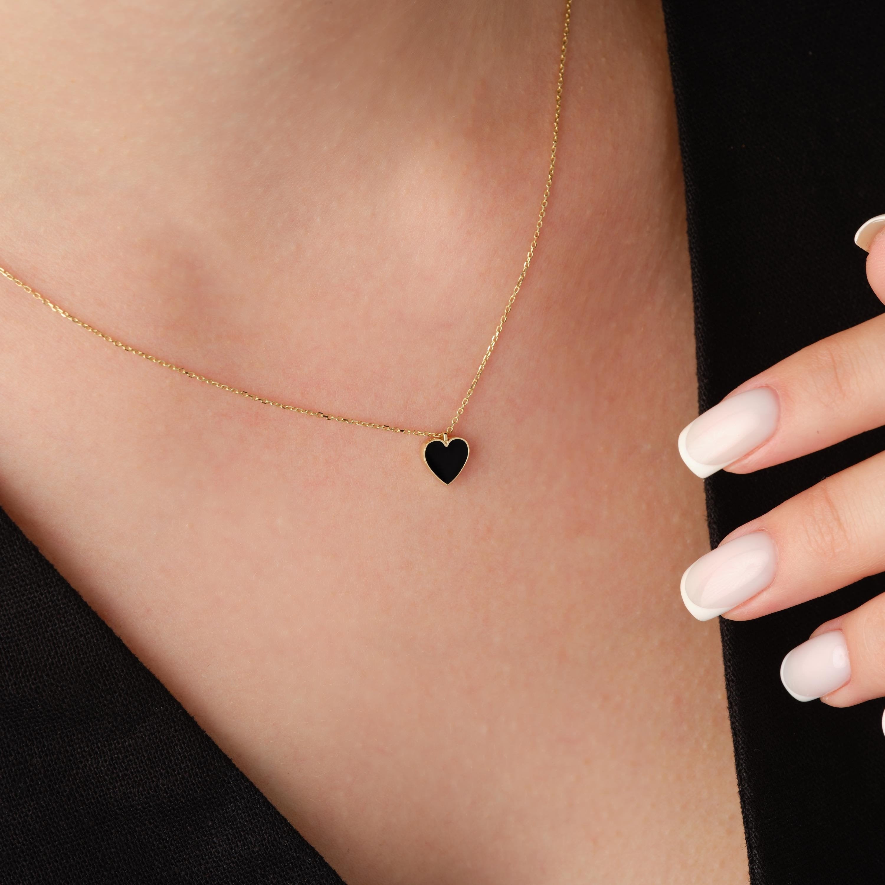 Gold Heart Pendant Black Enamel Necklace Dainty Valentine Gift