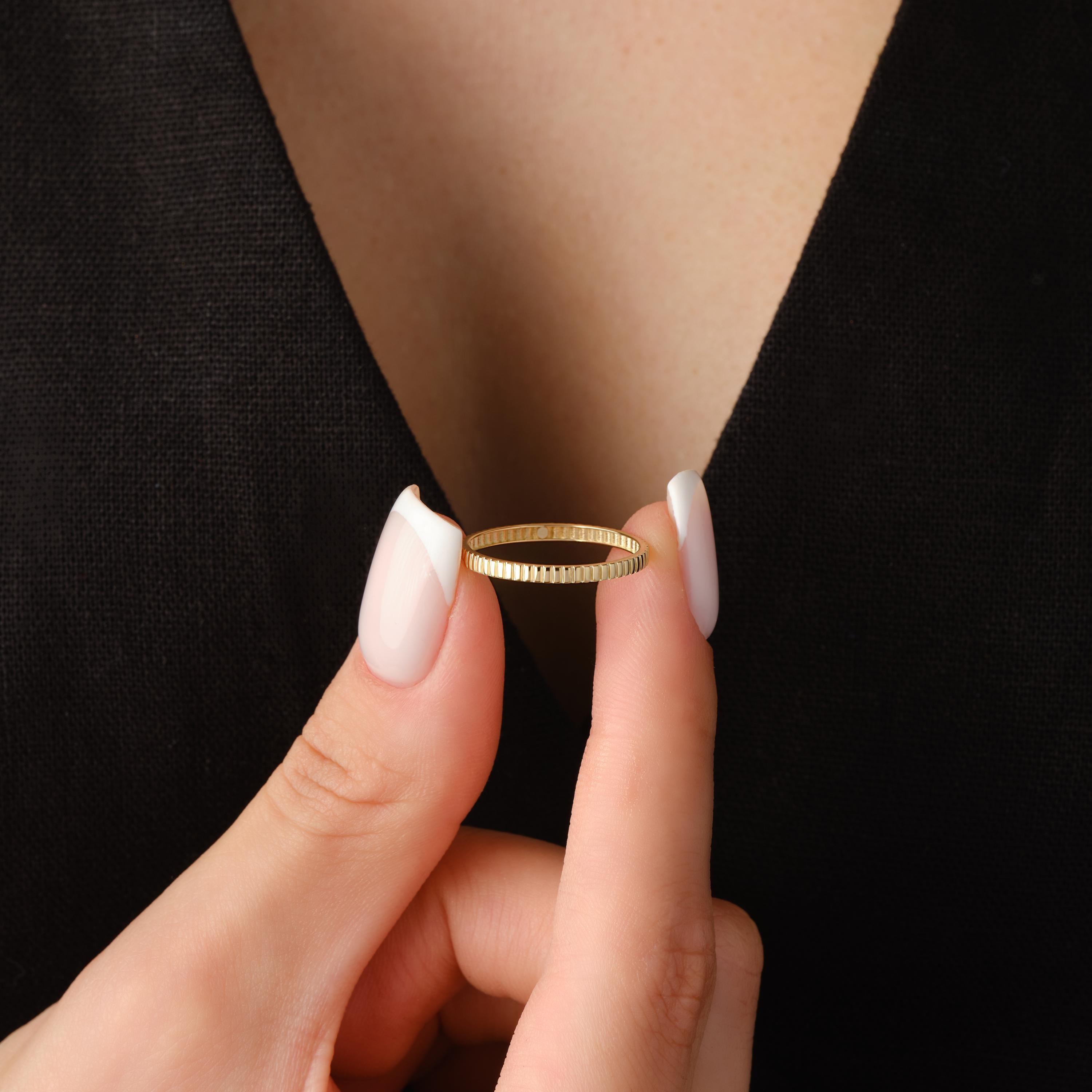 14K Gold Wedding Band Textured Ribbed Ring