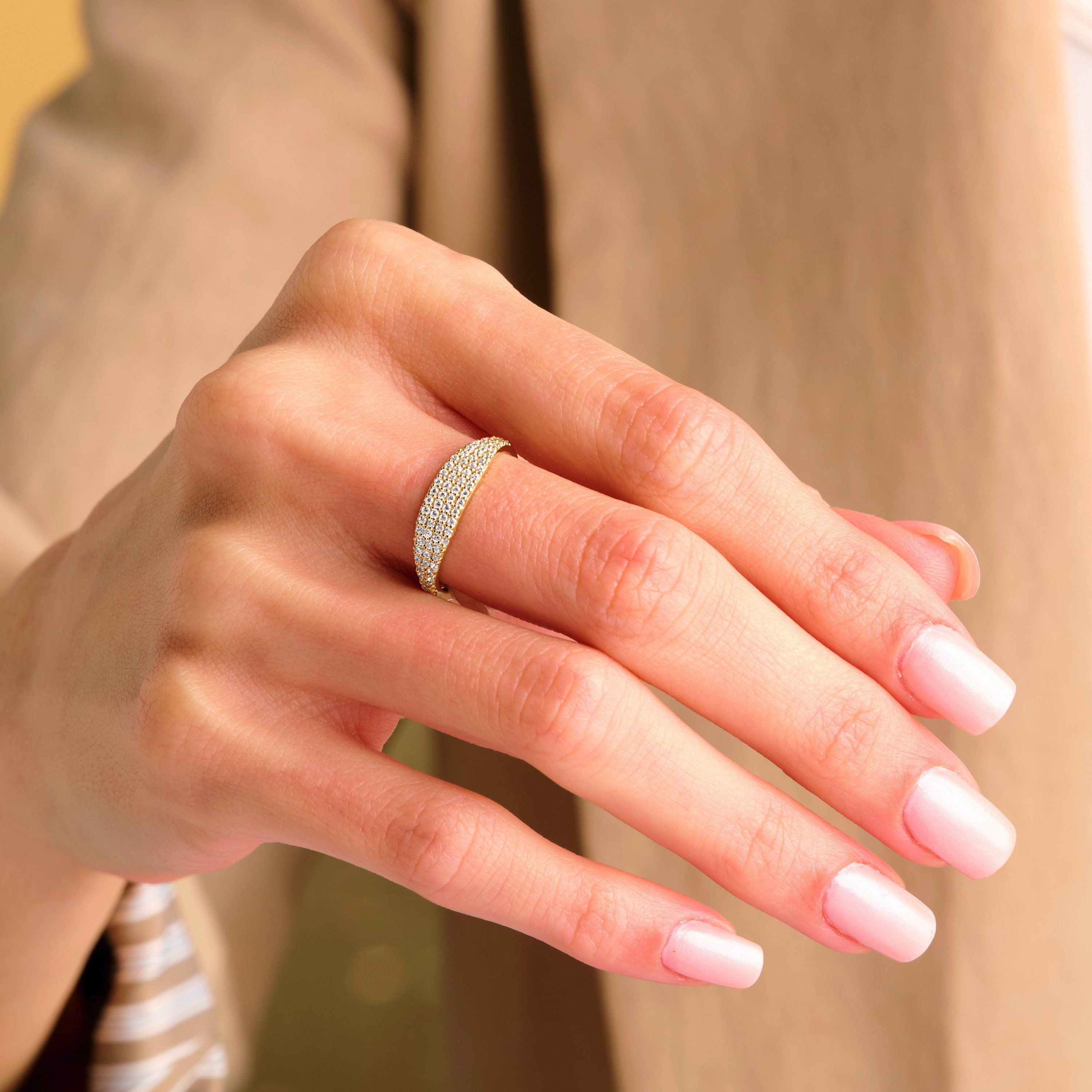 Pave Diamond Solid Gold Delicate Sparkling Band