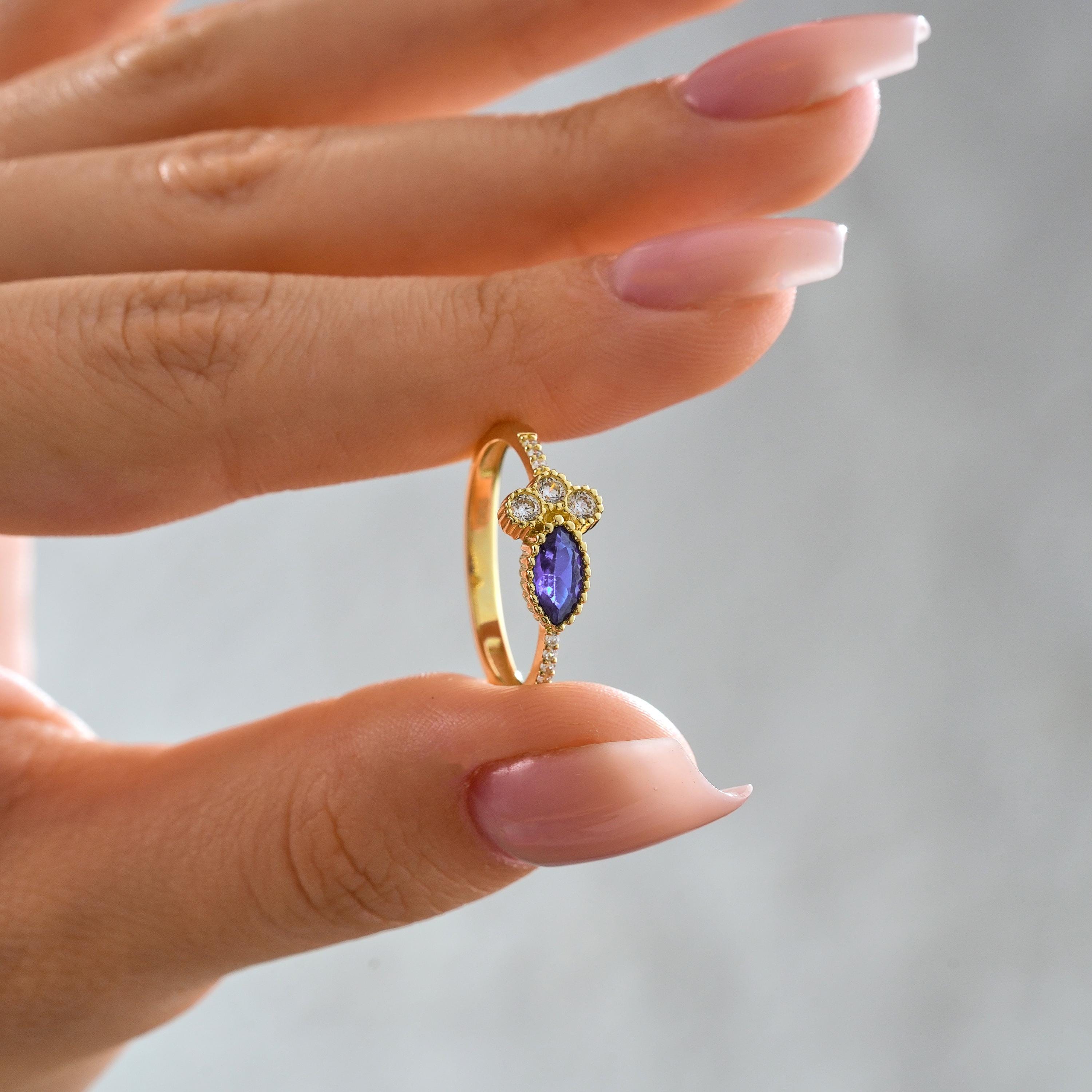 Marquise Sapphire Ring Solid Gold Bezel Setting Milgrain Edge