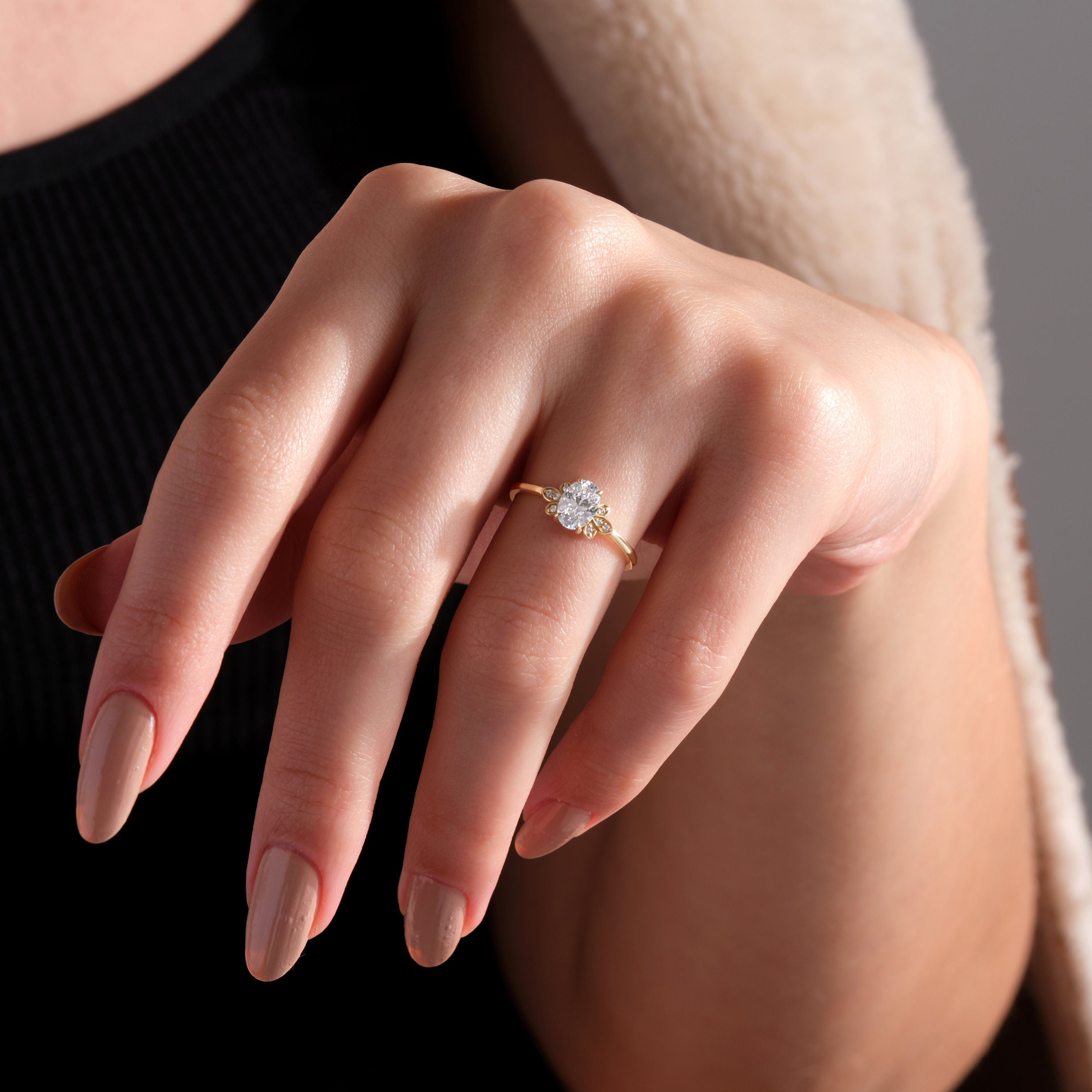 Solid Gold Floral Ring Oval Cut Diamond Cluster