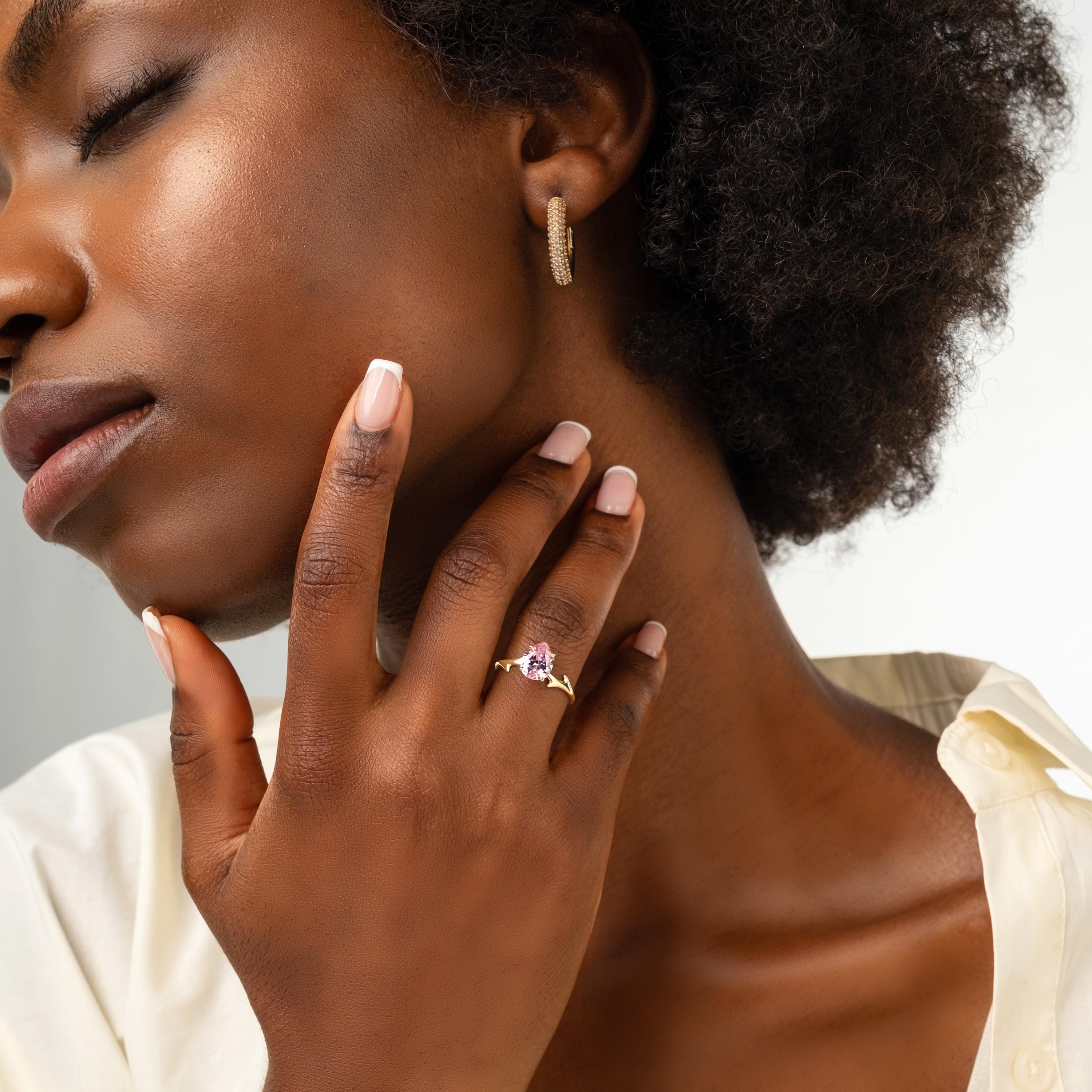 Pear Shaped Pink Ring Solid Gold Twig Style