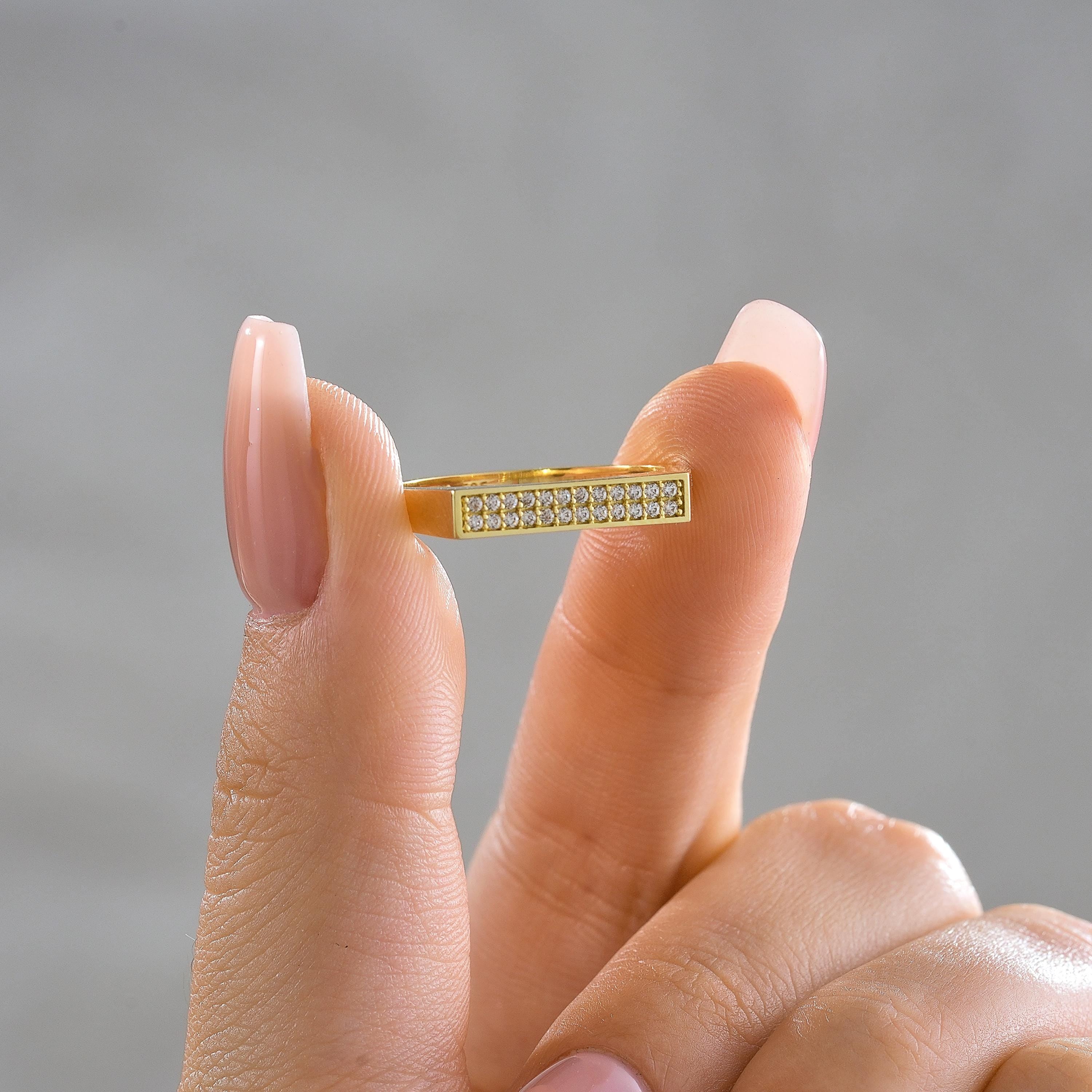 rectangular solid gold pave diamond ring
