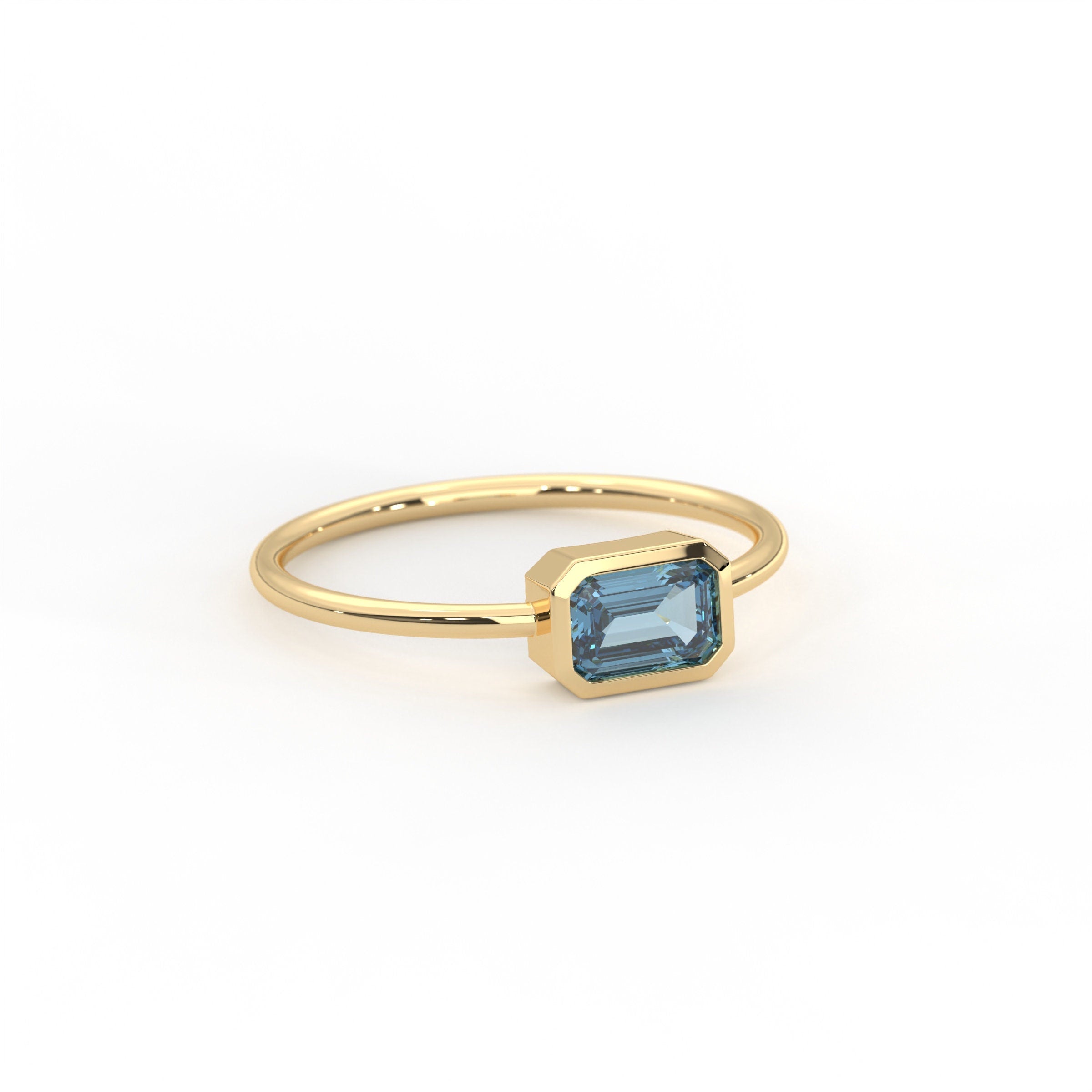 Blue Topaz Ring Bezel Set Emerald Cut Solid Gold