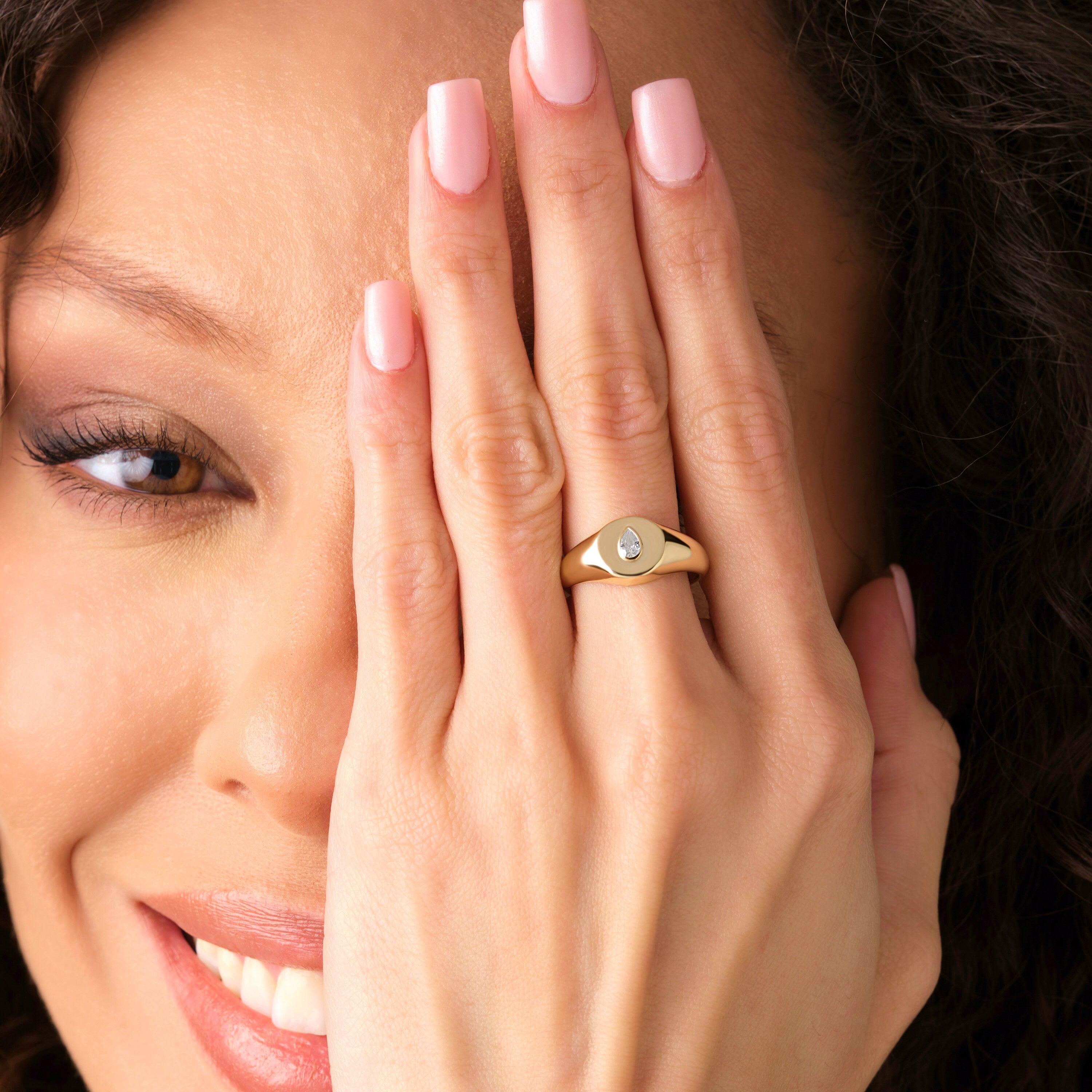 Pear Diamond Ring Solid Gold Signet Handmade