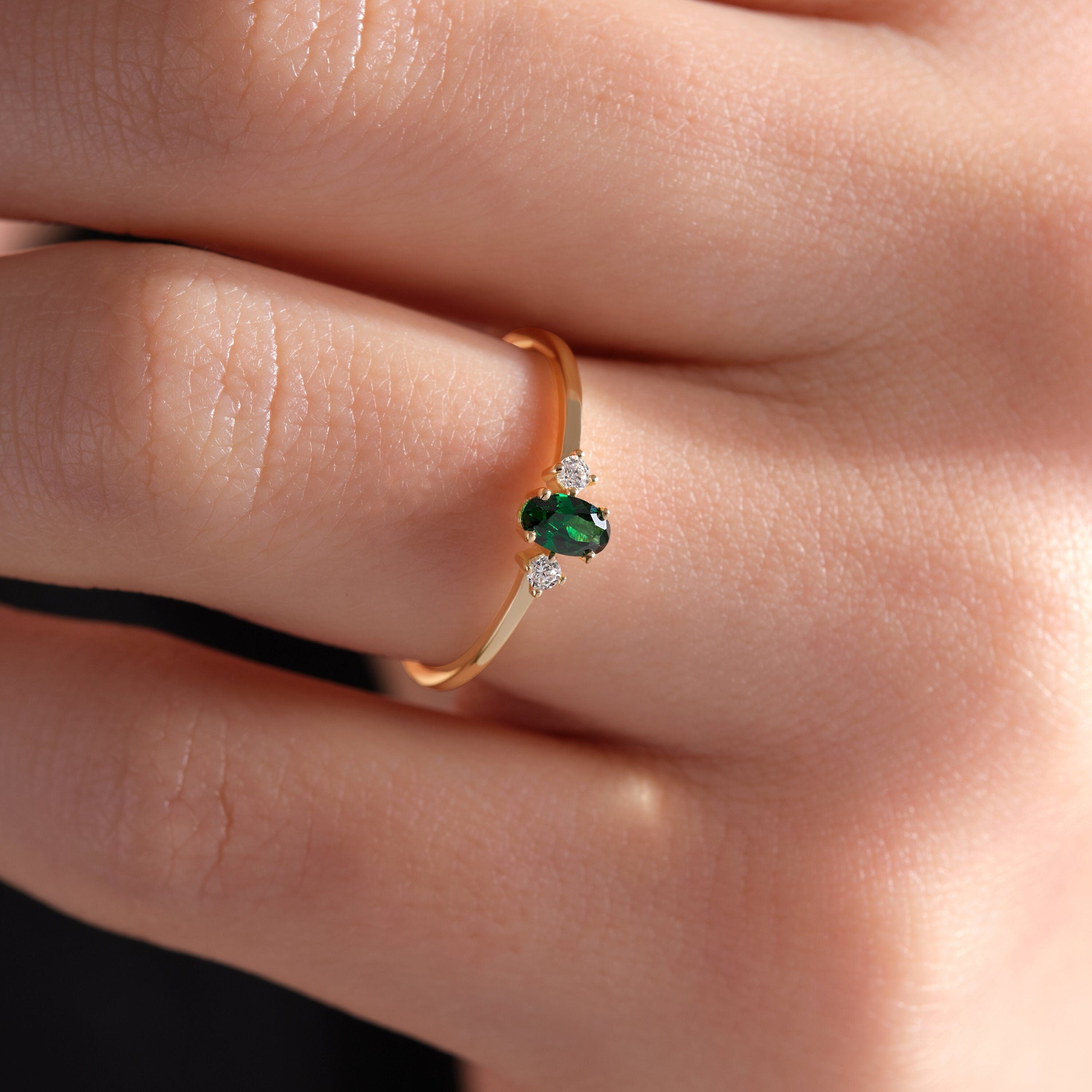 Solid Gold Emerald Ring Dainty Three Stone Stacking