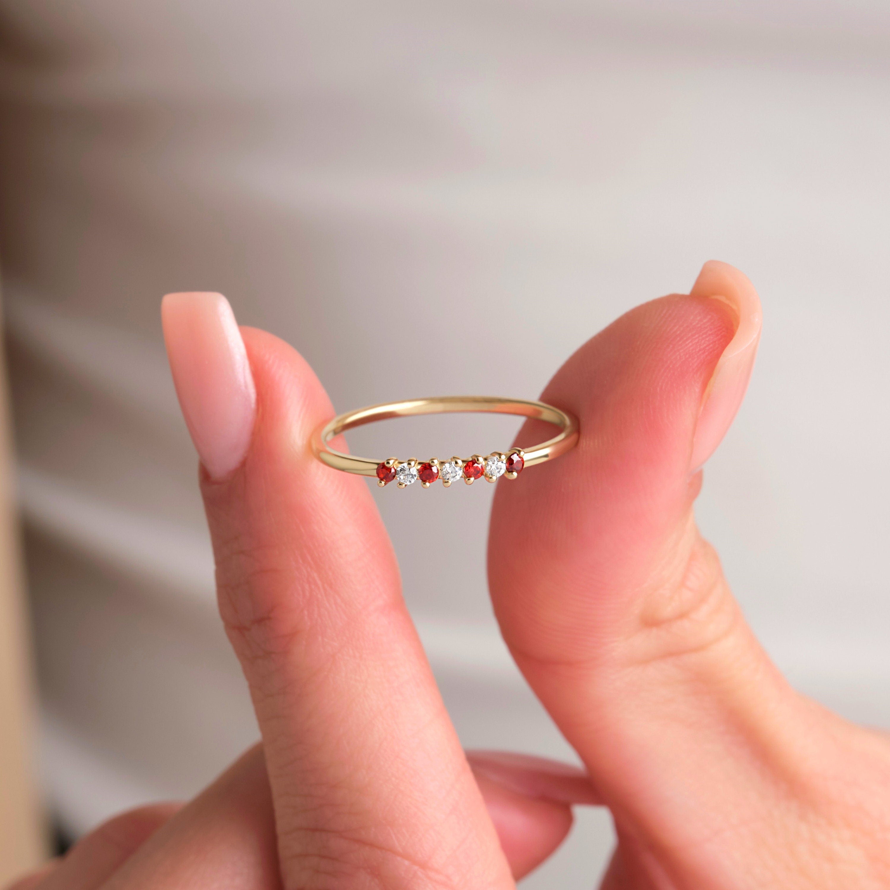 14k Rose Gold Garnet Ring Dainty Stackable Band