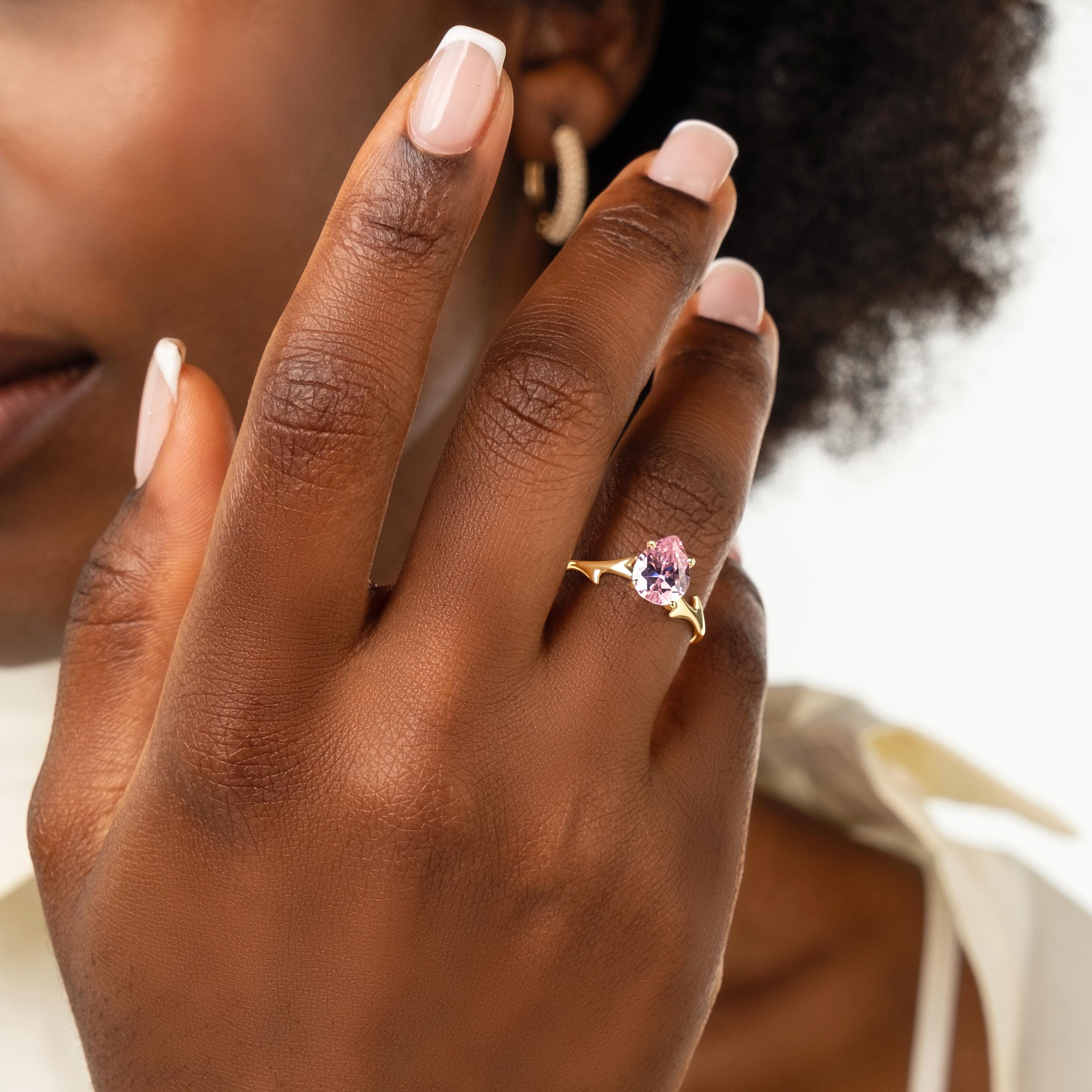Pear Shaped Pink Ring Solid Gold Twig Style