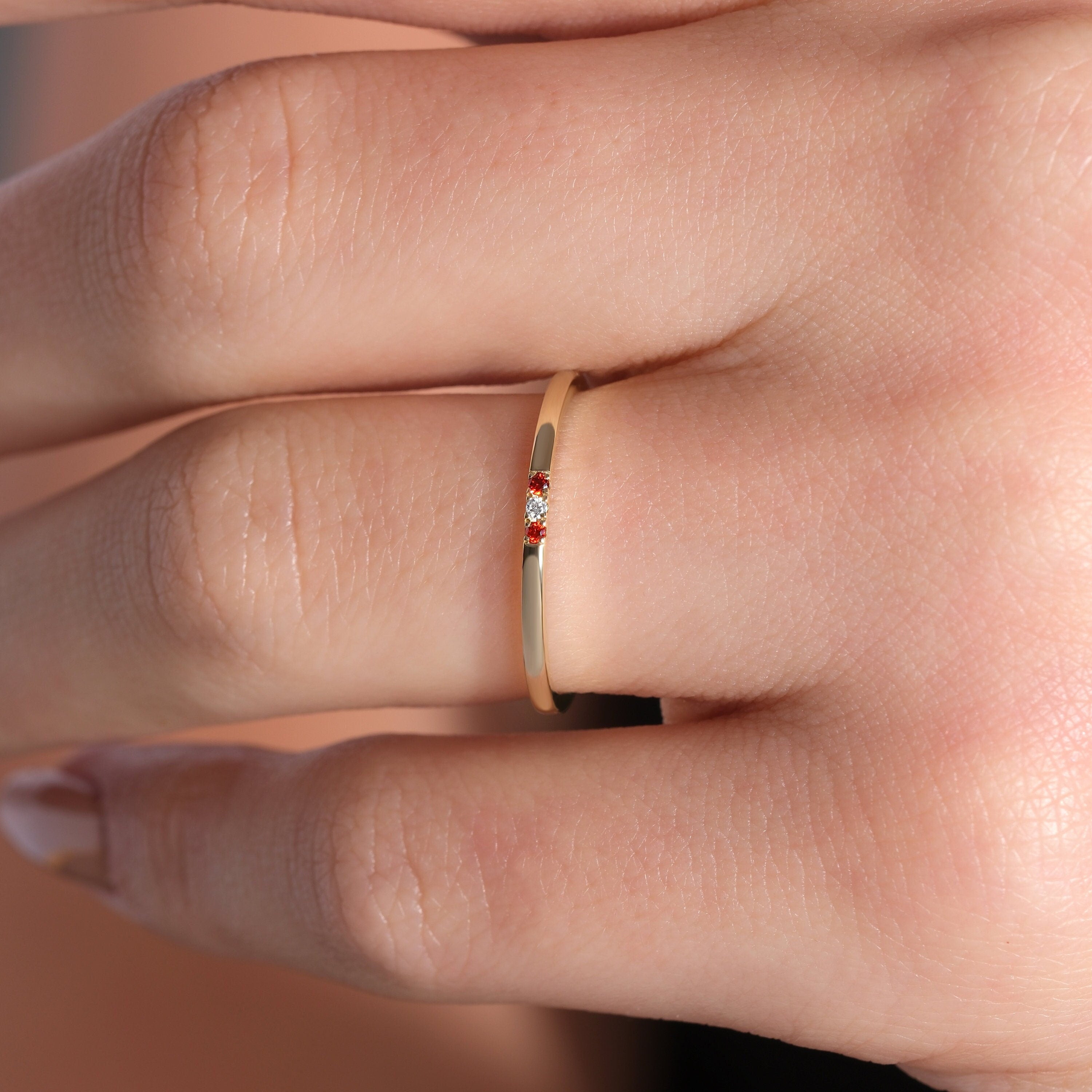 Minimalist Garnet Ring Delicate Gold Band