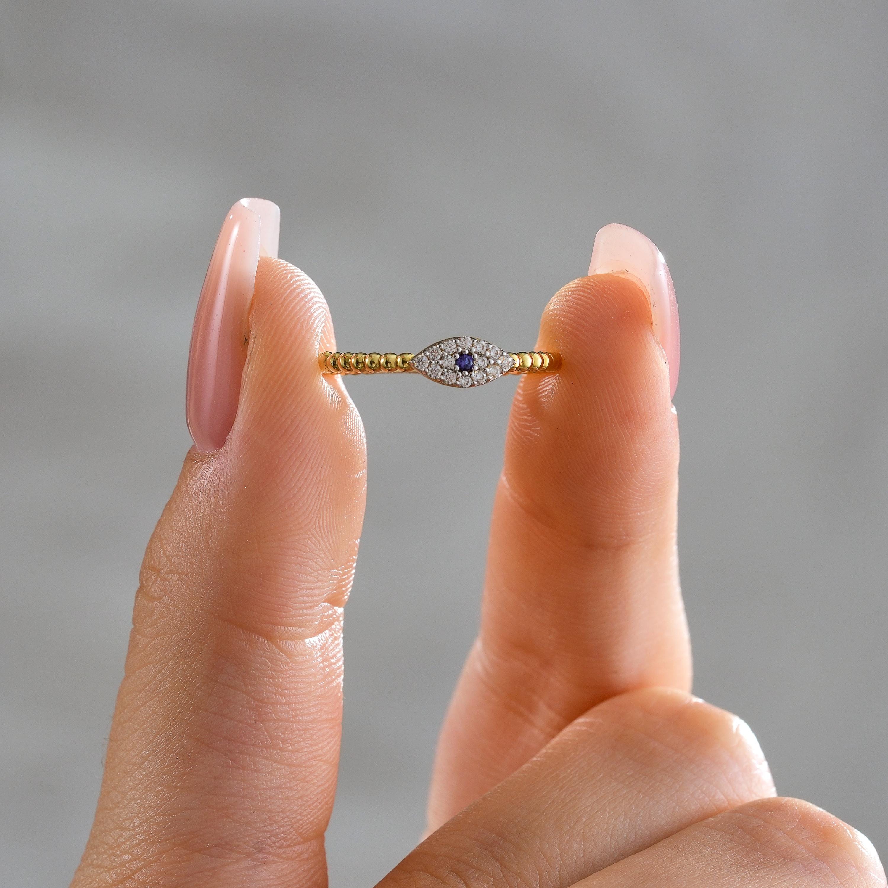 Evil Eye Gold Ring Dainty Marquise Blue Stone