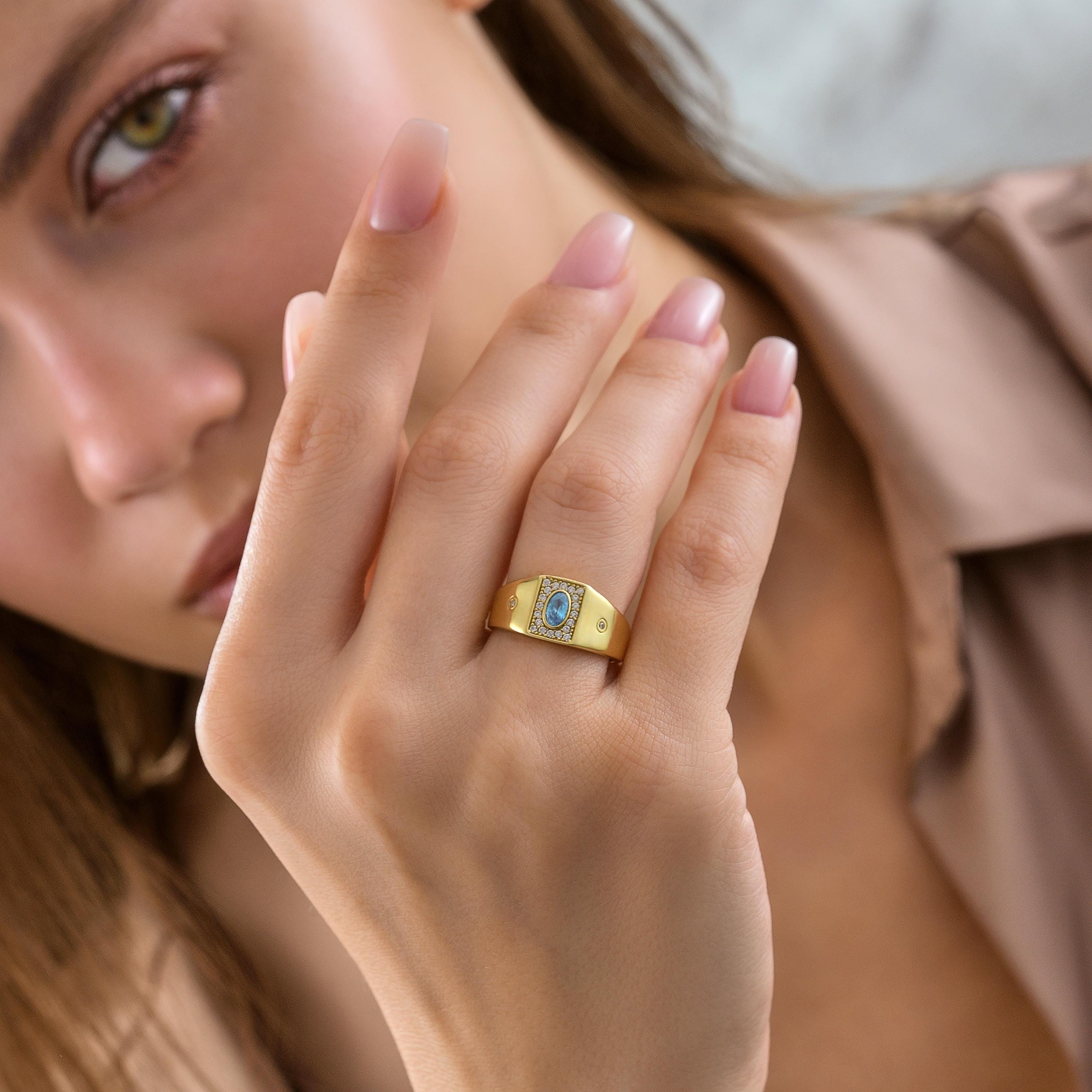 Oval Aquamarine Ring Solid Gold Wide Band Pave Halo