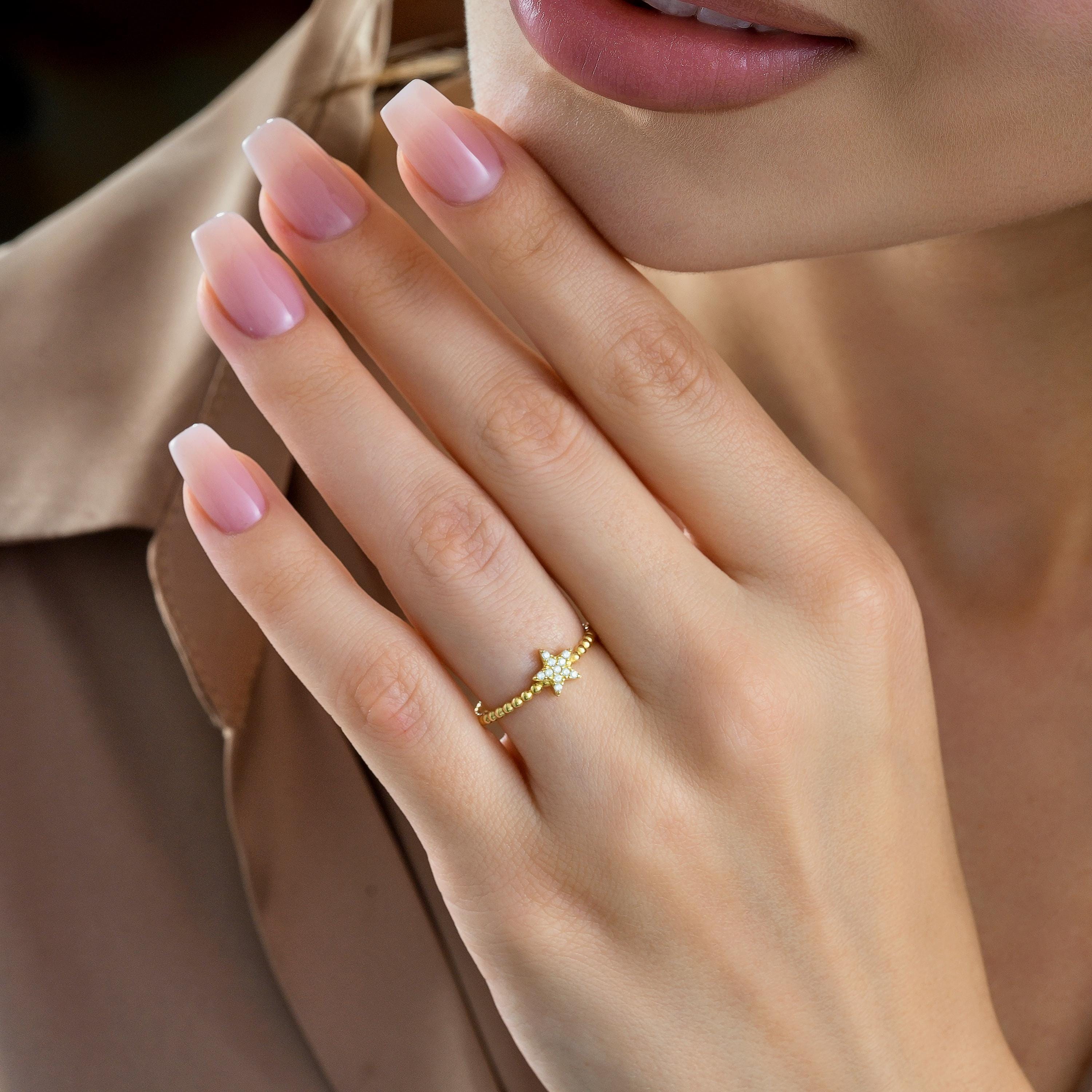 Minimal Star Ring Dainty Celestial Band With Sparkling CZ Diamonds