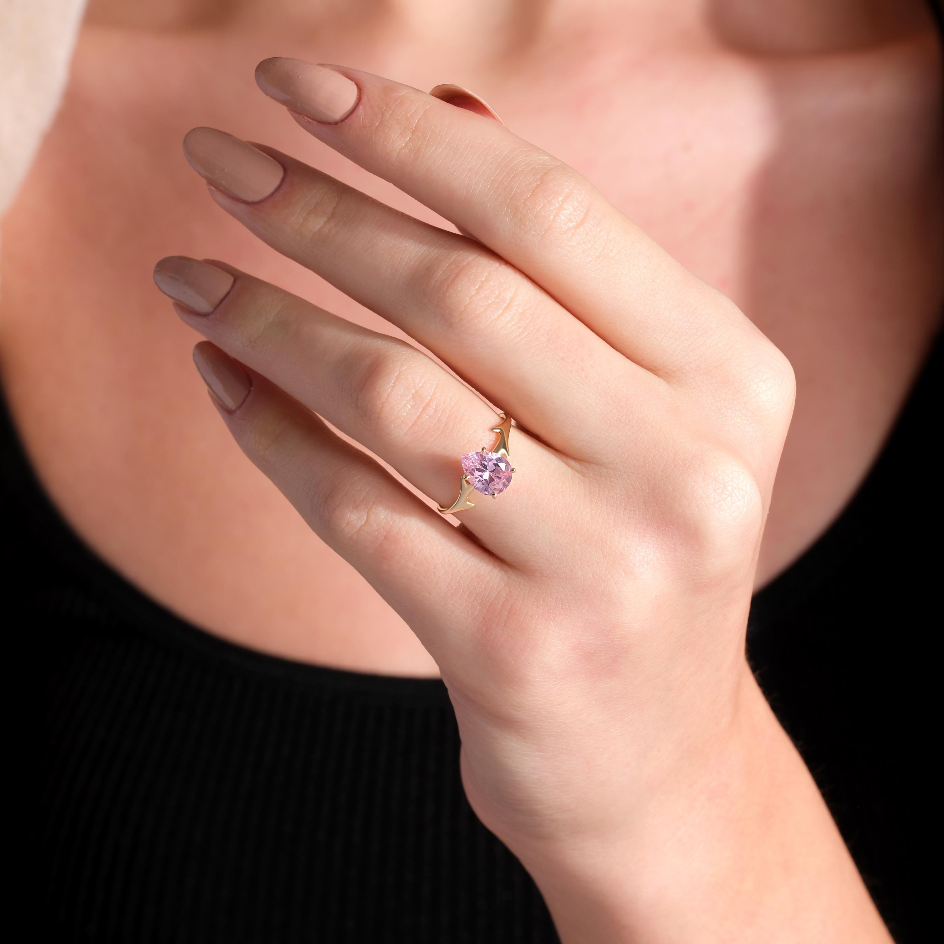 Pear Shaped Pink Ring Solid Gold Twig Style