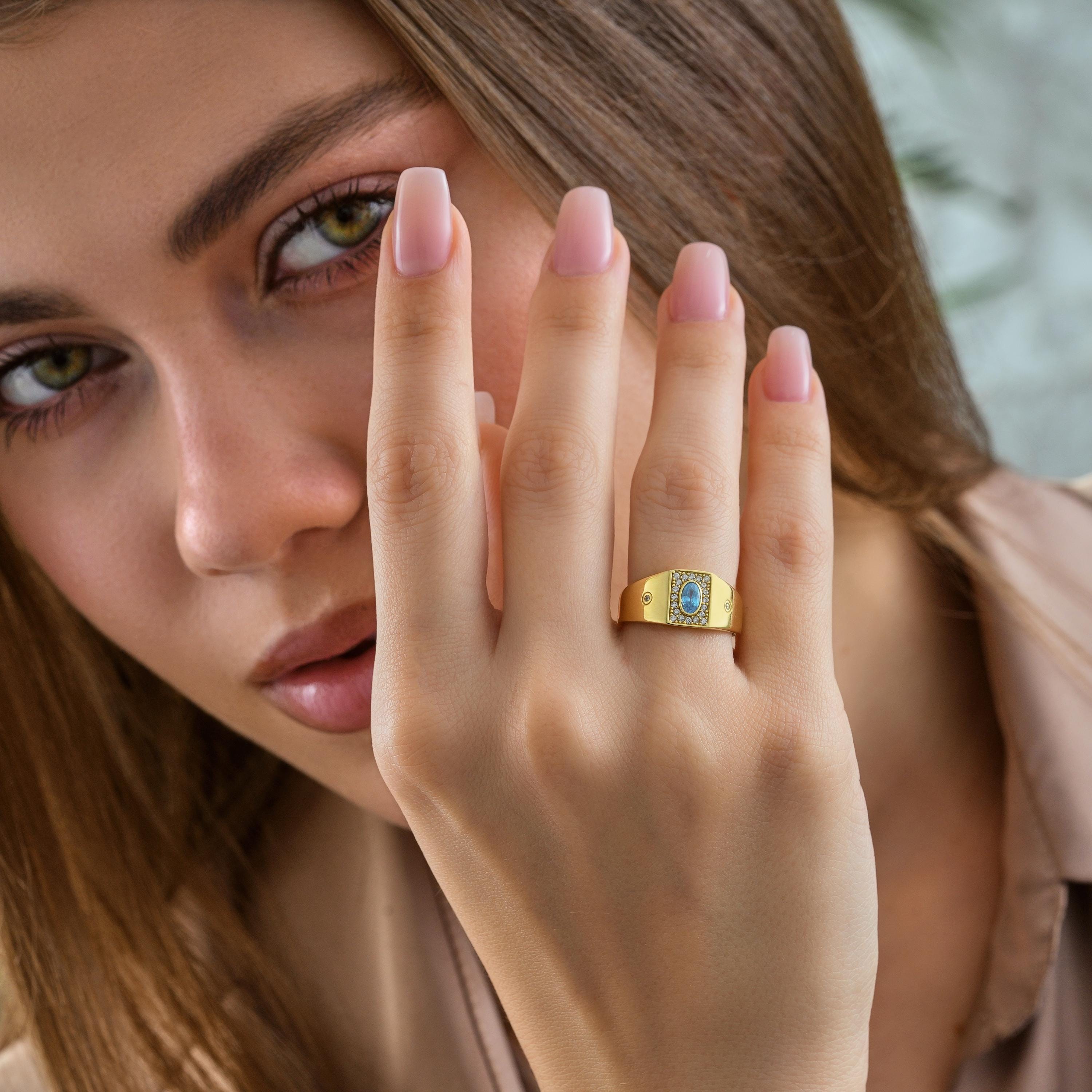 Oval Aquamarine Ring Solid Gold Wide Band Pave Halo