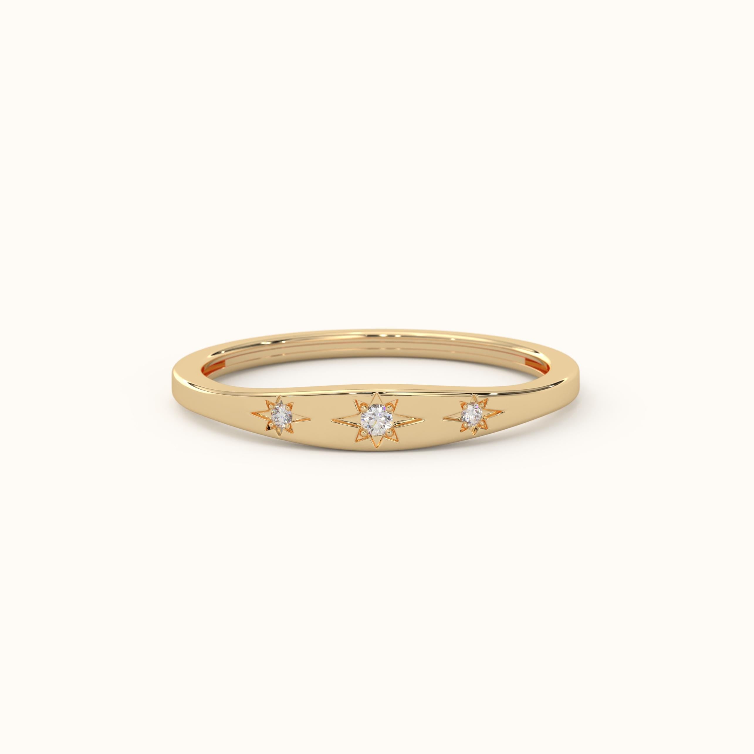 Three Stone Diamond Ring Solid Gold Starburst Band