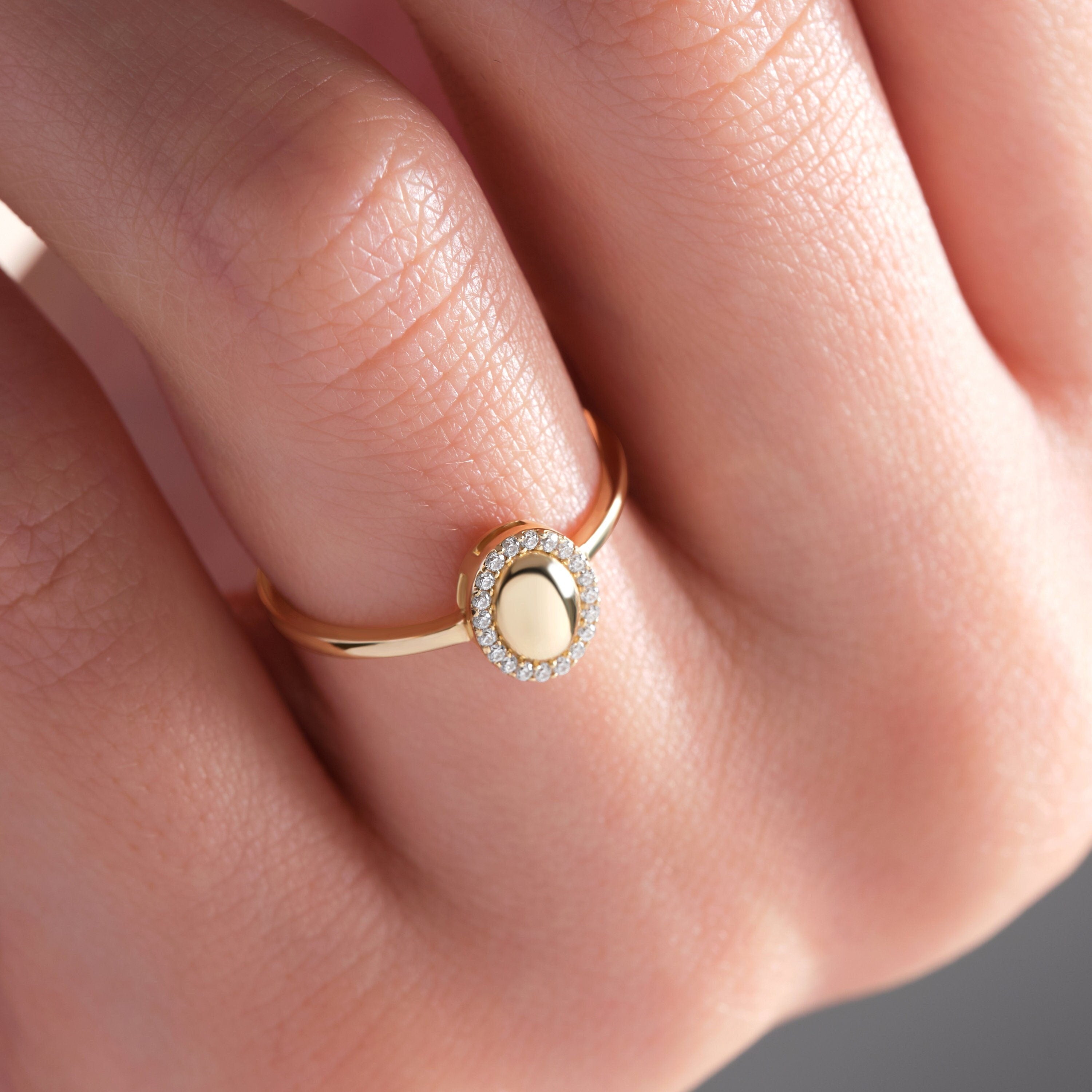 Oval Pave Diamond Gold Initial Signet Ring