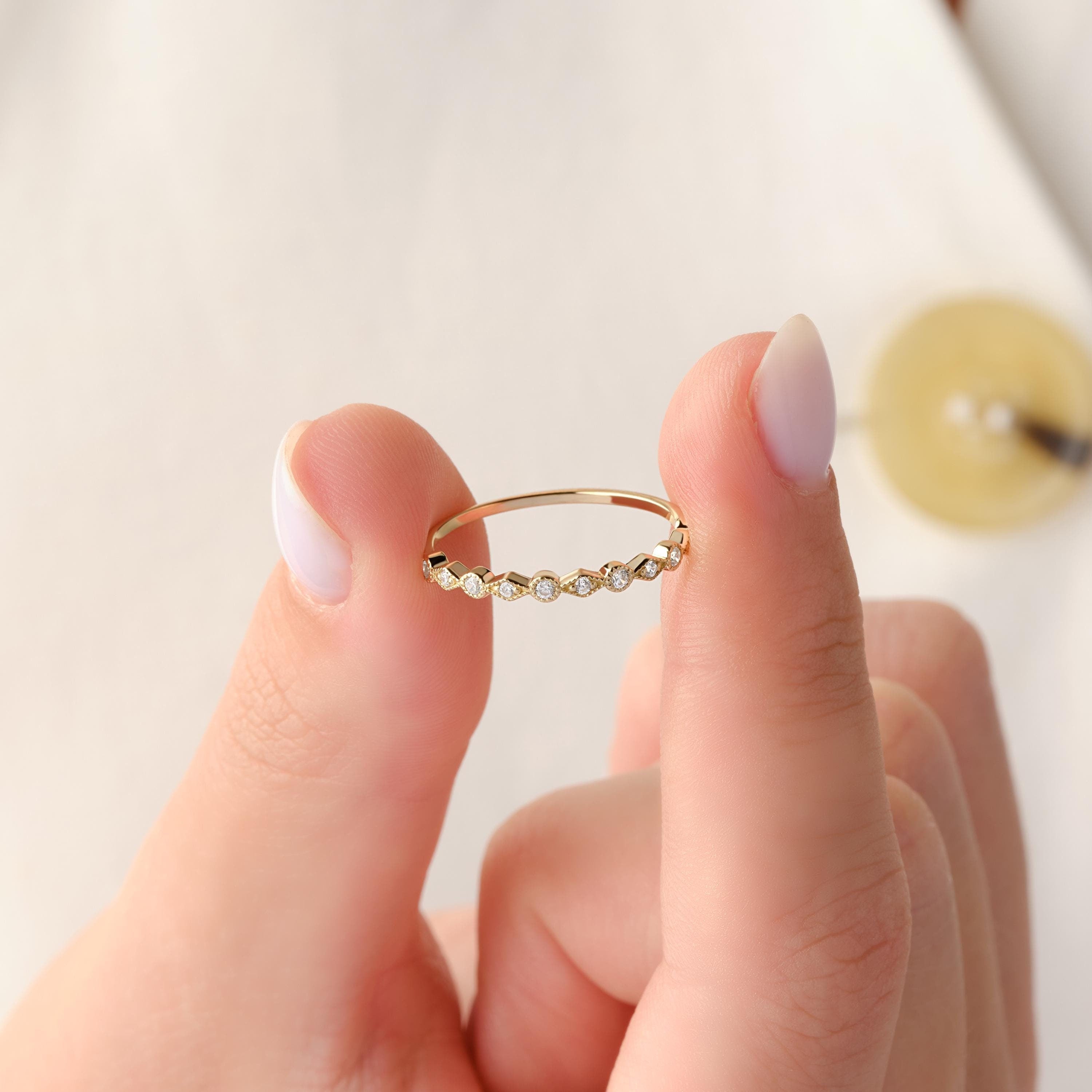 Gold Bezel Wedding Ring Vintage Milgrain Band