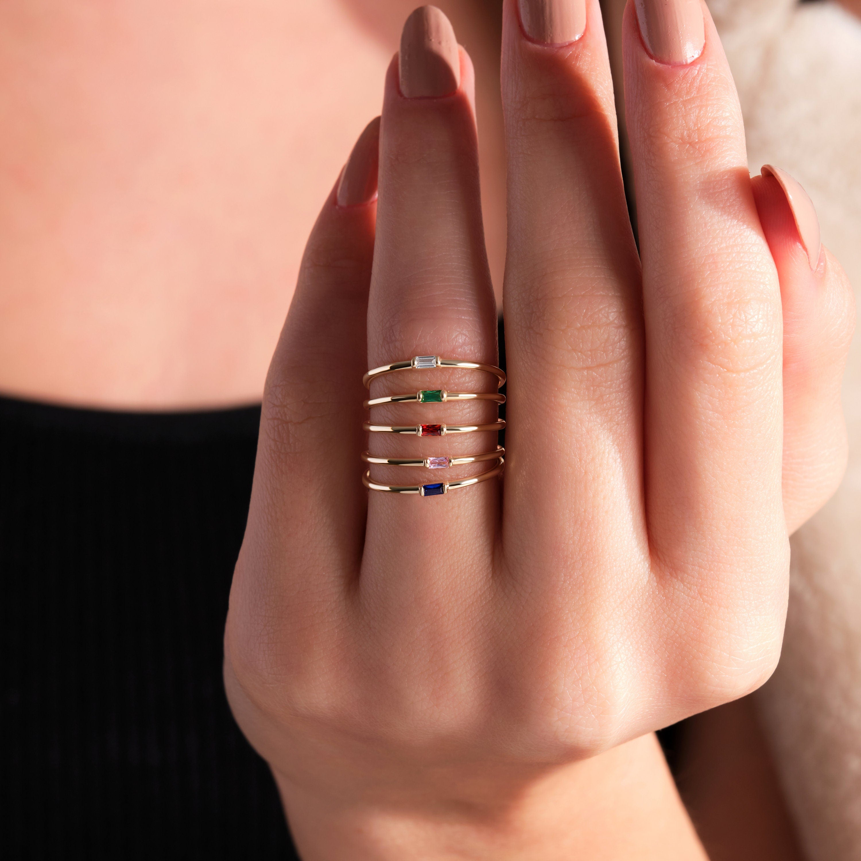 Pink Baguette Ring Personalized Birthstone Gold Band