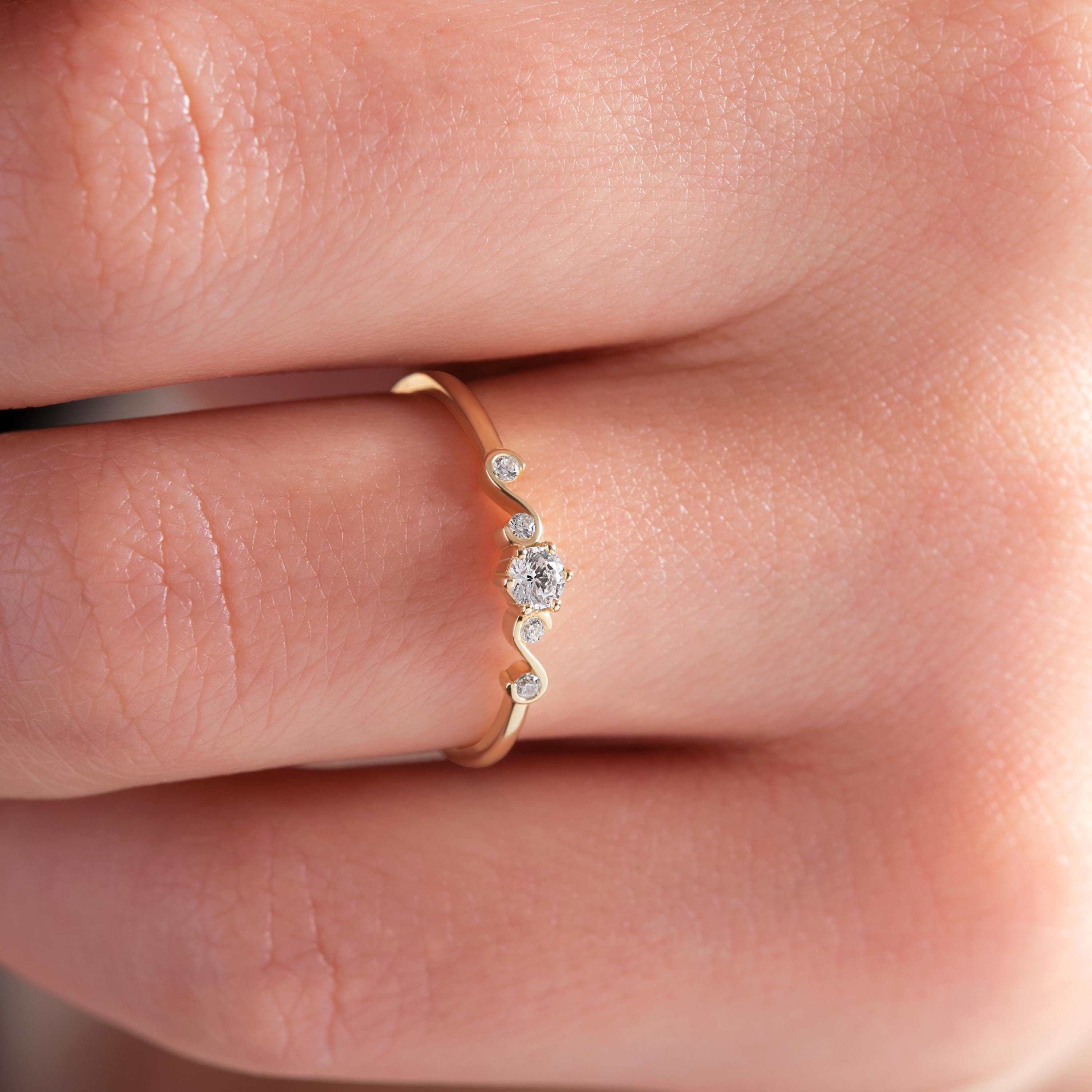 Dainty Diamond Ring Art Deco Solid Gold Multistone Bridal