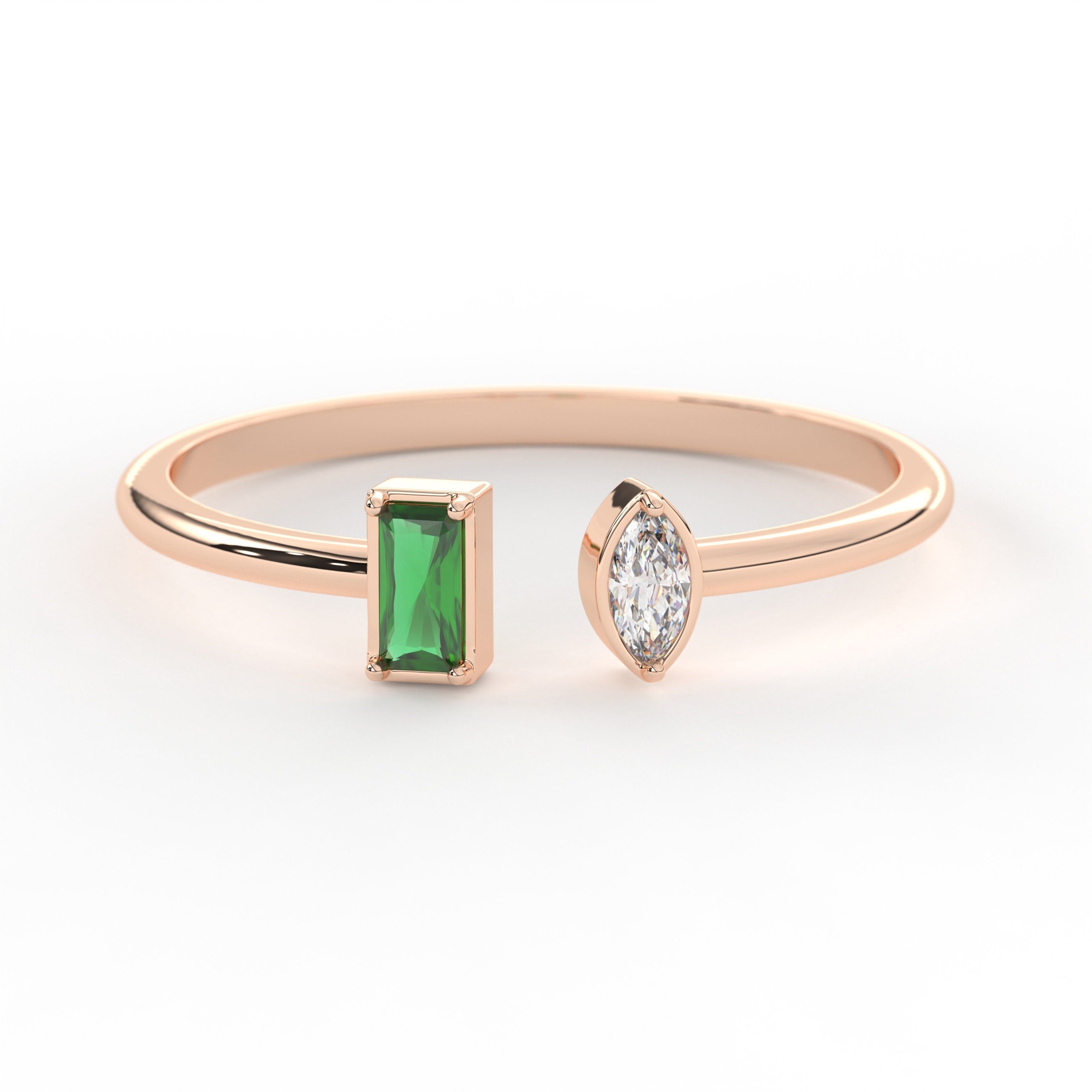 Emerald Diamond Ring Open Design Solid Gold