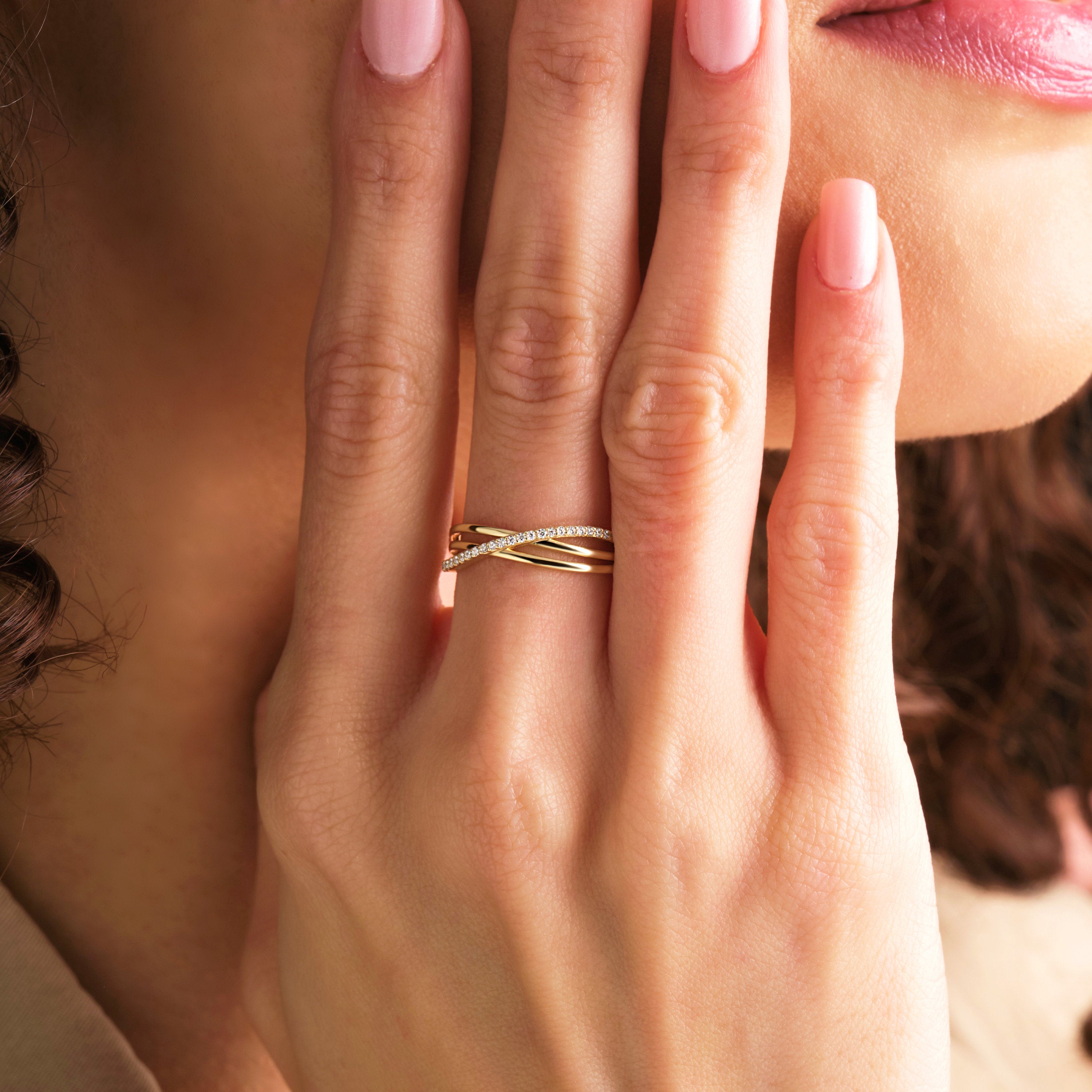 Solid Gold Triple Ring Pave Diamond Band