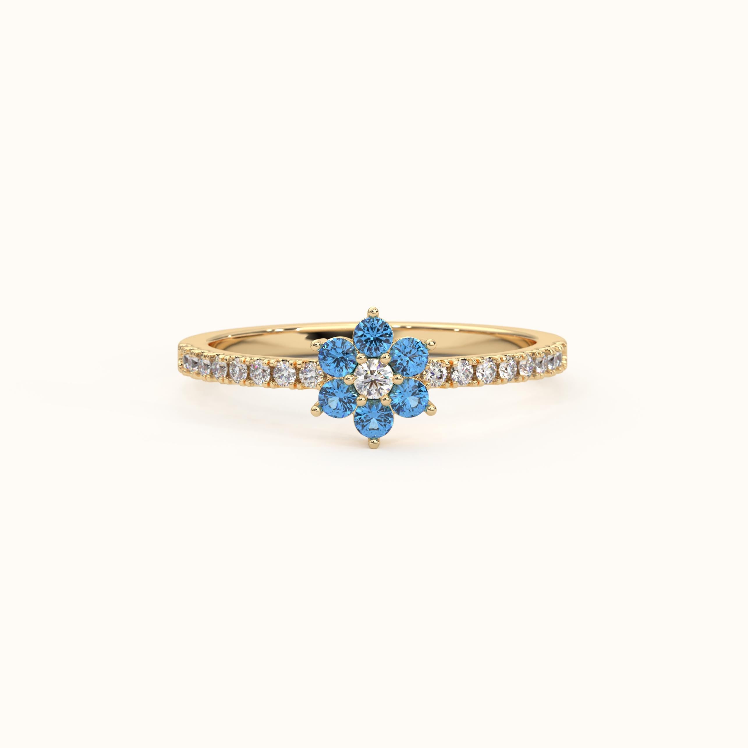 Blue Topaz Ring Solid Gold Floral Cluster