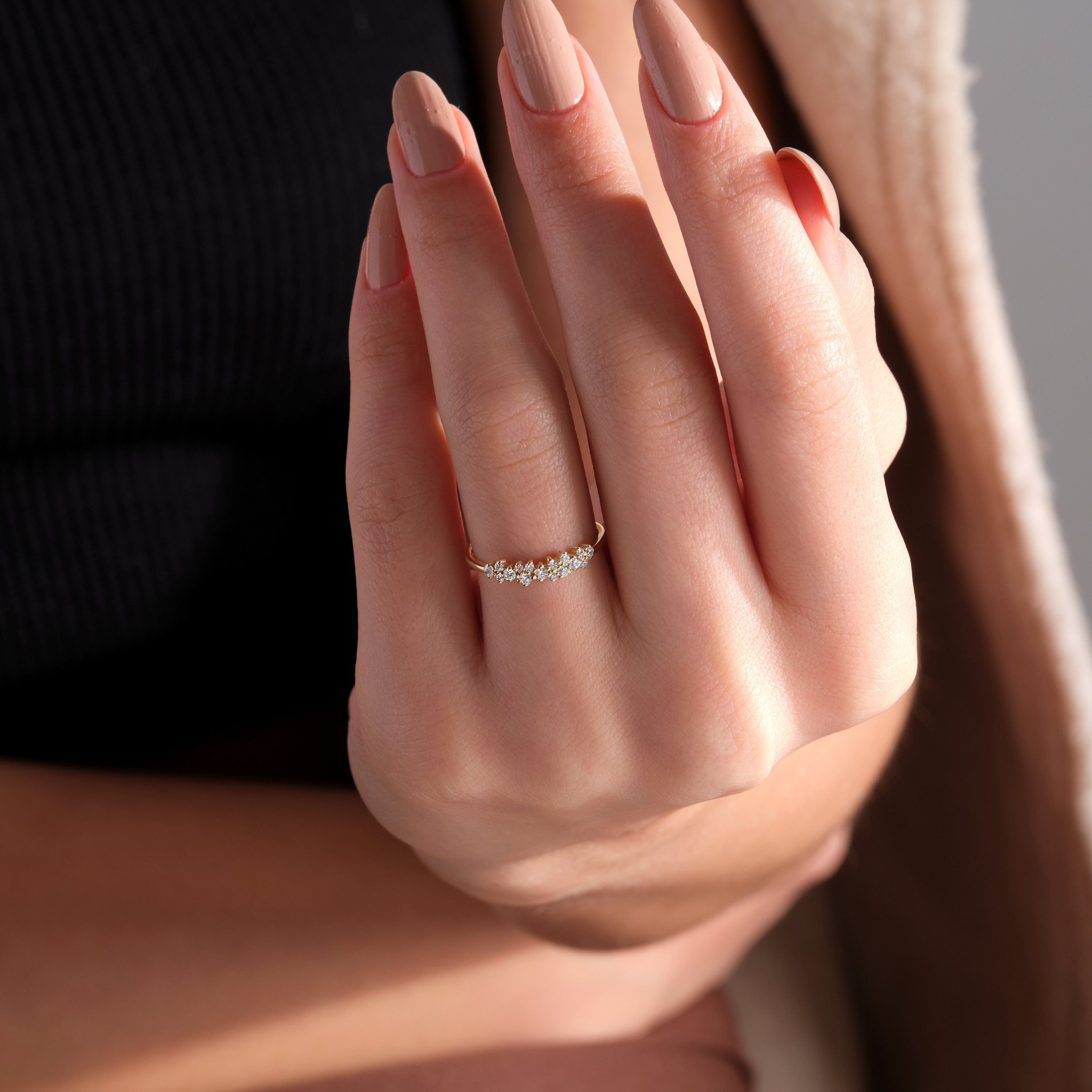 Solid Gold Diamond Ring Dainty Cluster Band