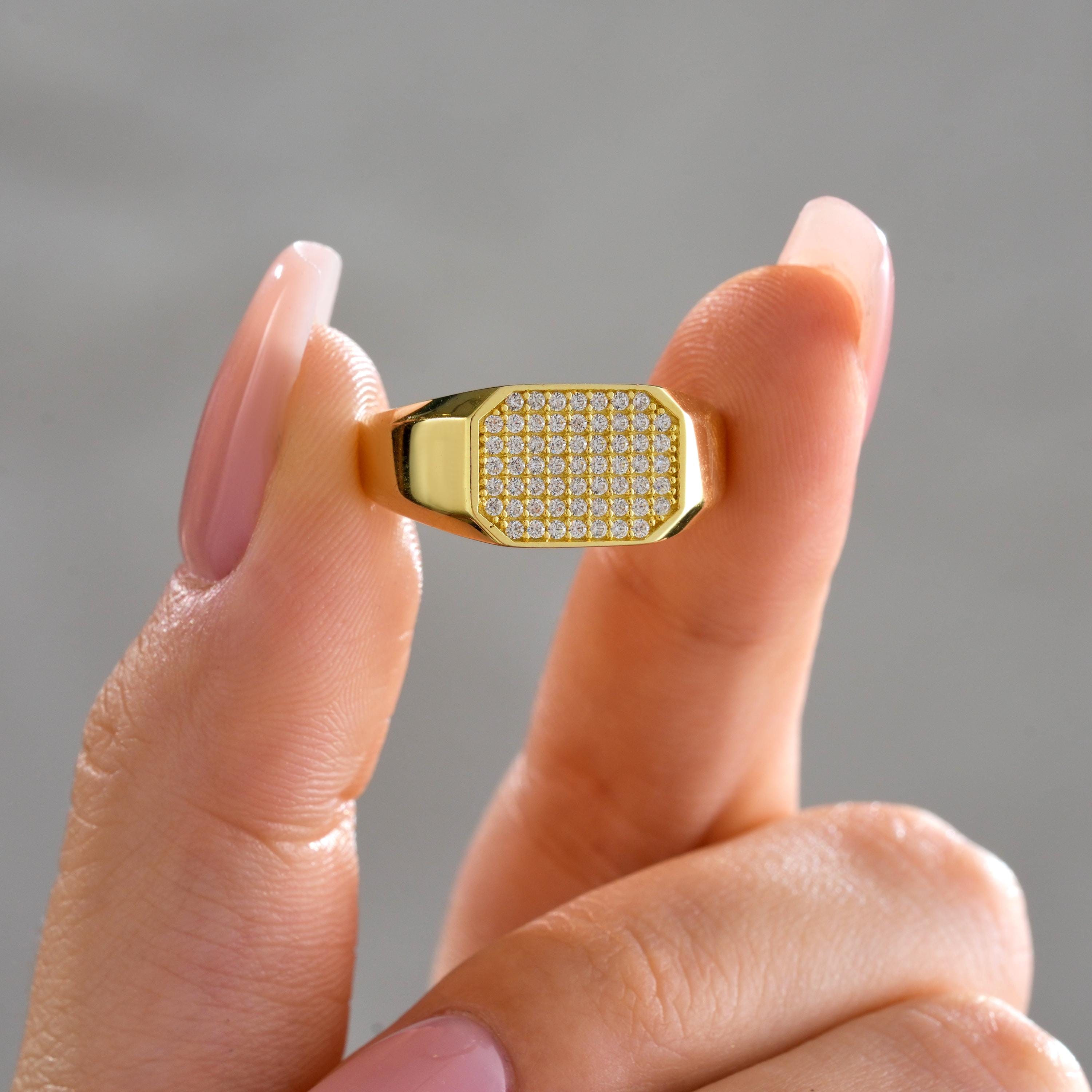 unisex gold micro pave diamond octagon signet ring