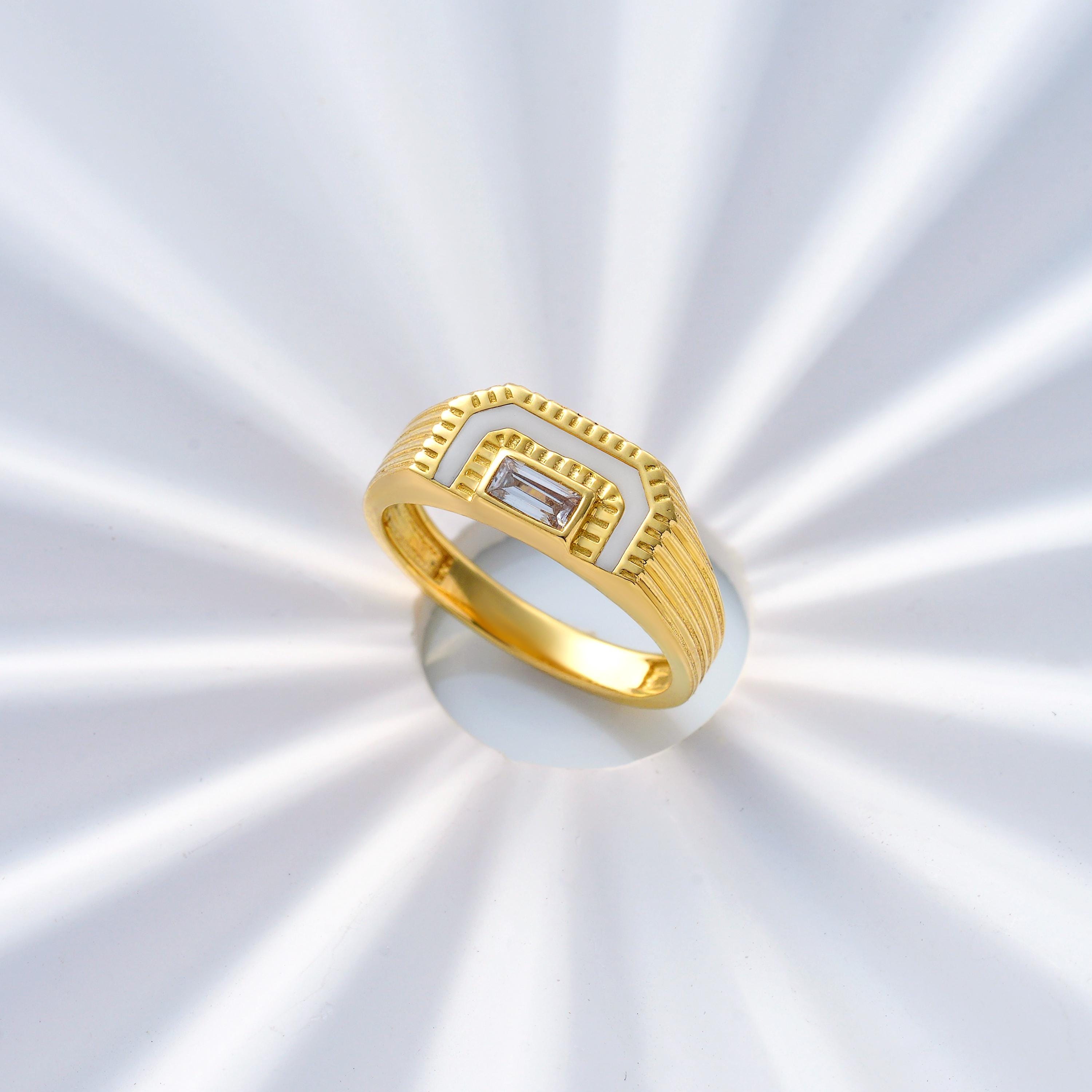 Art Deco White Enamel Baguette Cut Bezel Set Band