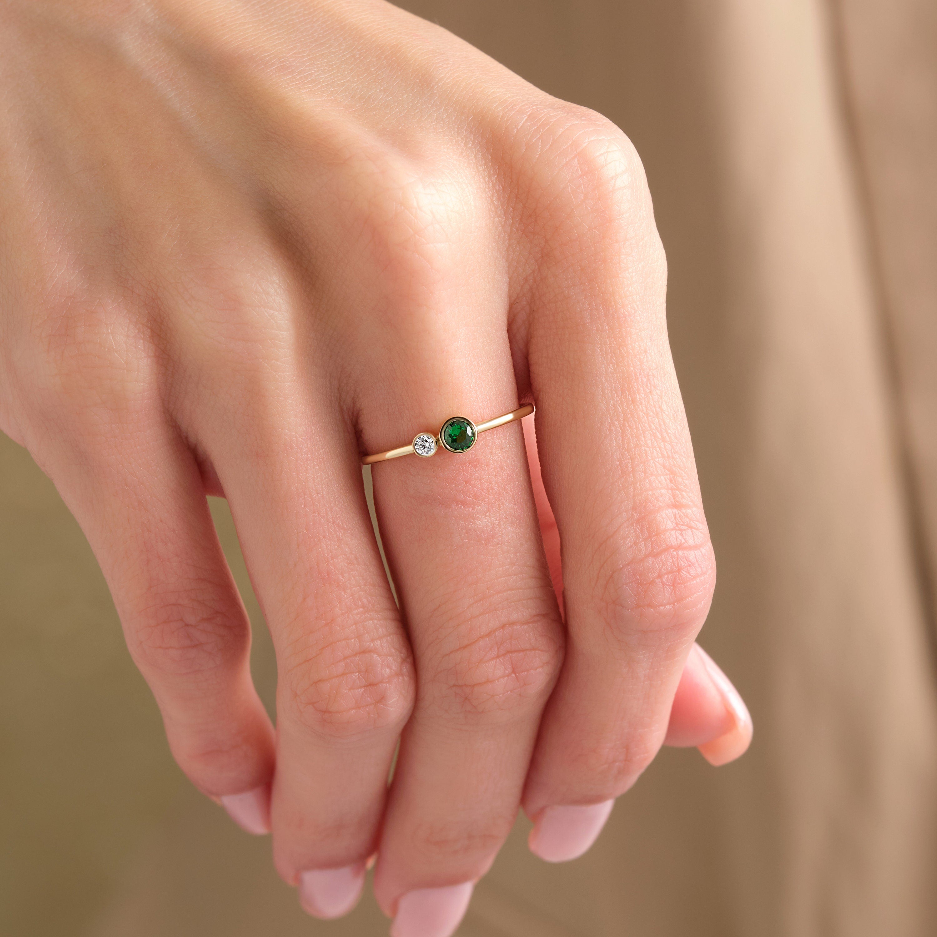 Birthstone Bezel Ring Two Stone Solid Gold