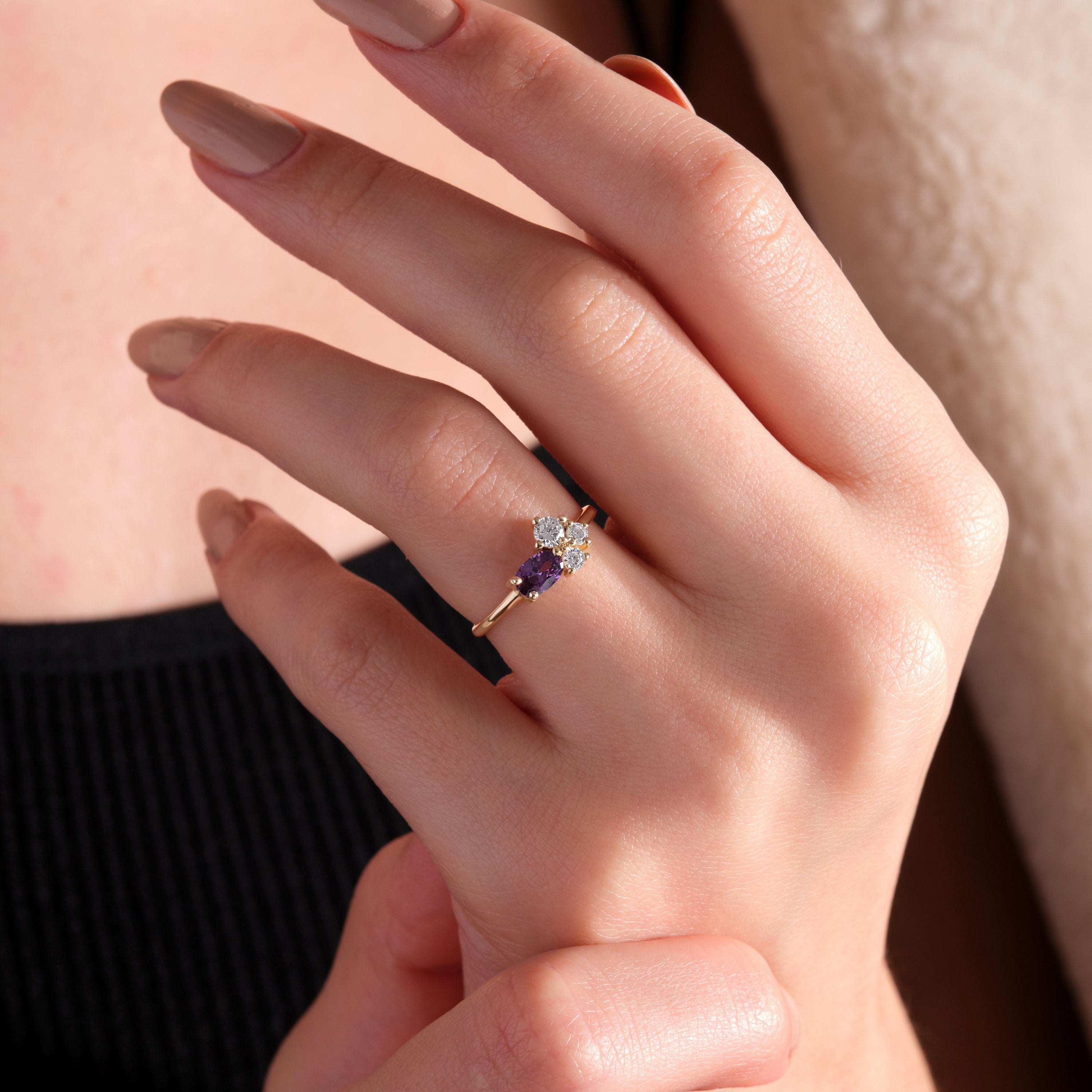 Birthstone Cluster Ring Solid Gold Oval Diamond