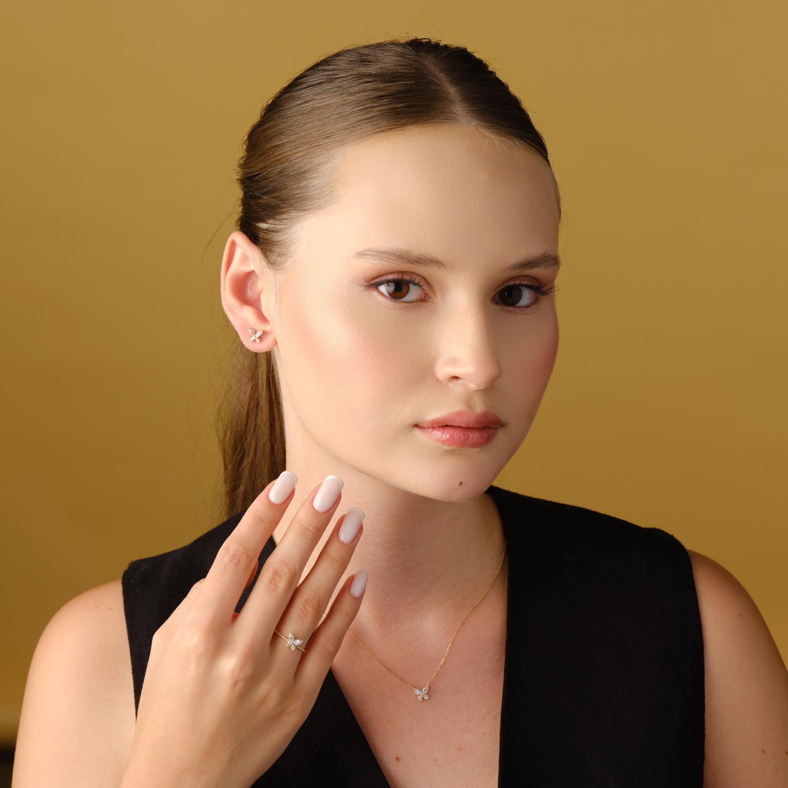 Butterfly CZ Earrings Solid Gold Studs