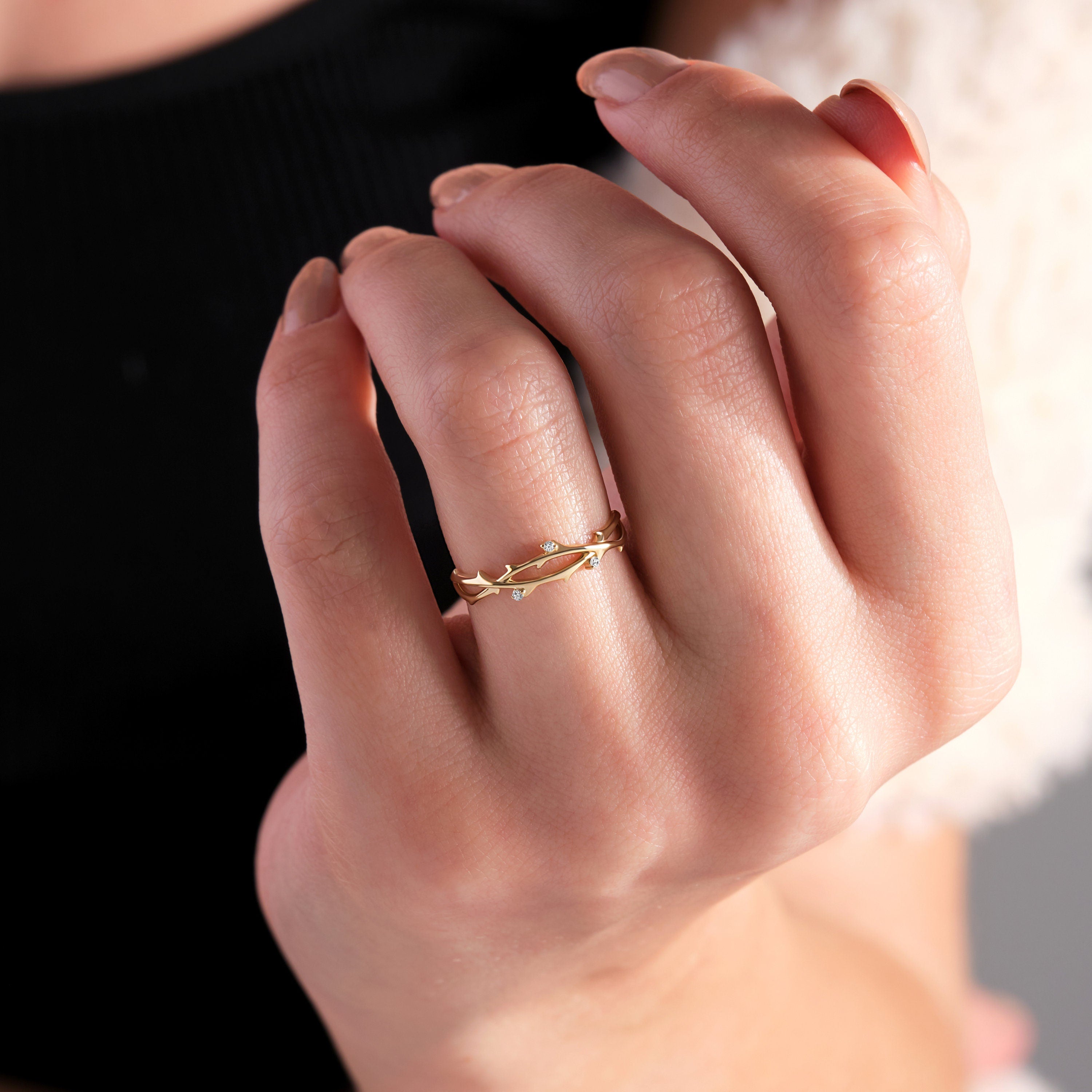 Gold Floral Ring Handmade Diamond Twig Band