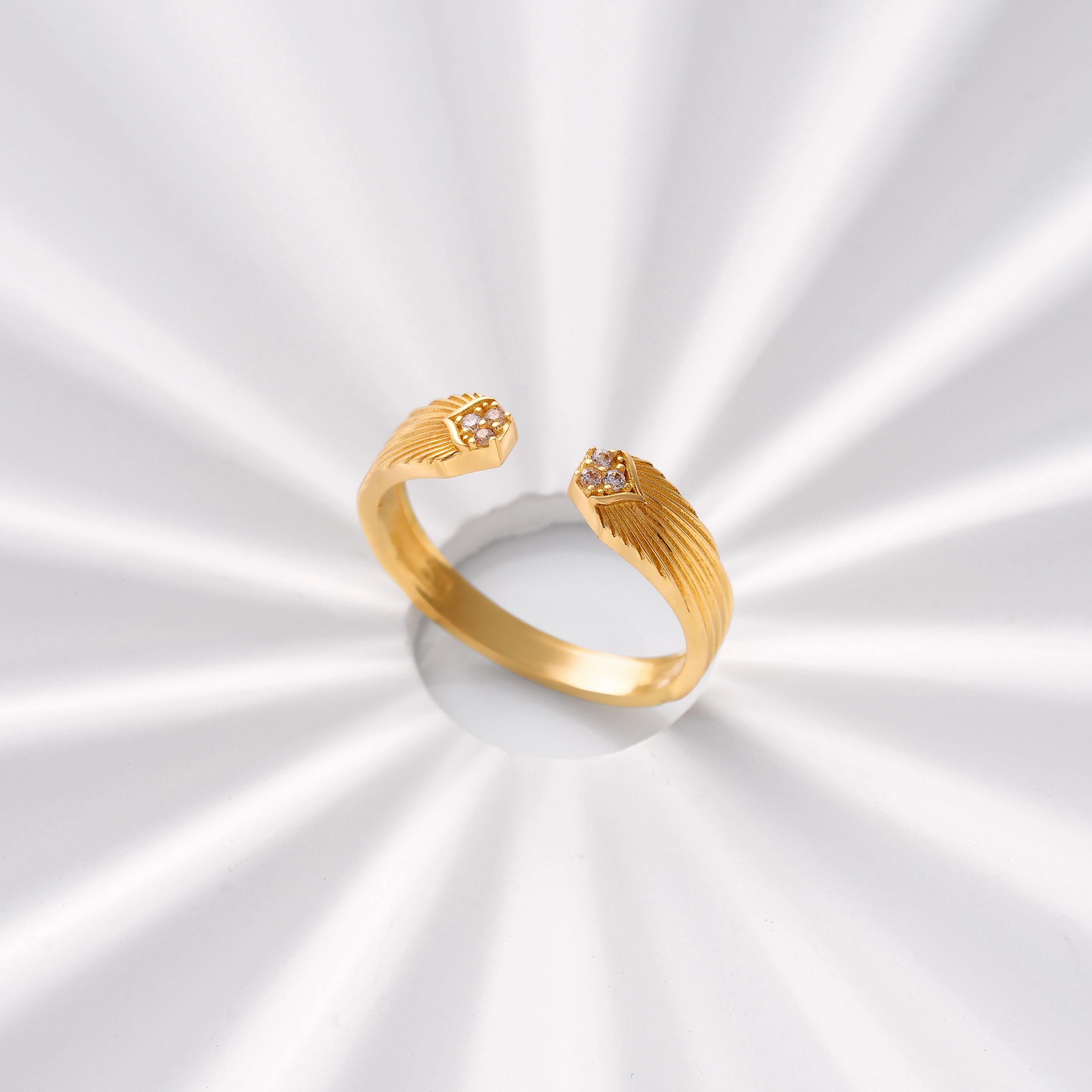 Gold Open Diamond Ring Textured Band CZ Cluster