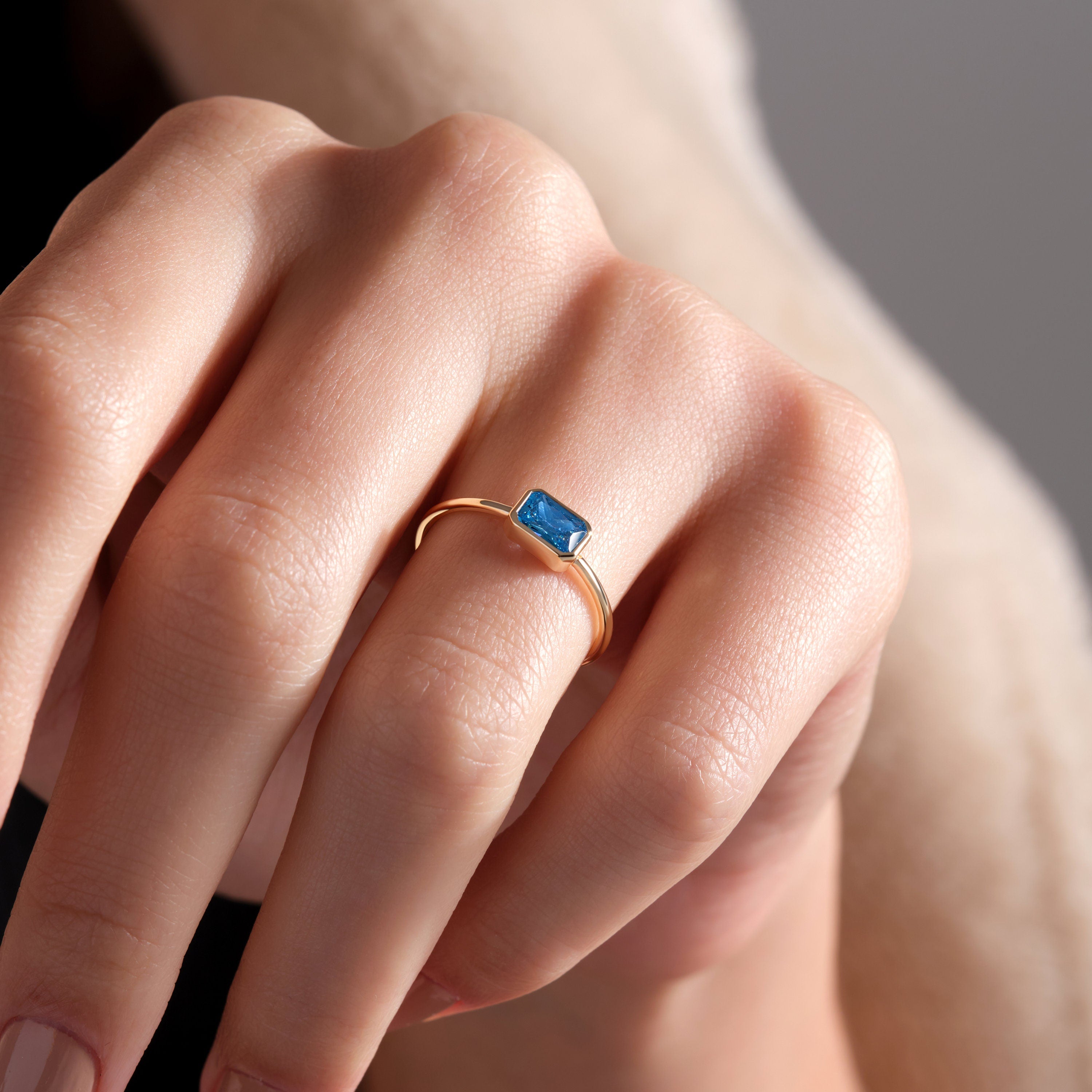 Blue Topaz Ring Bezel Set Emerald Cut Solid Gold