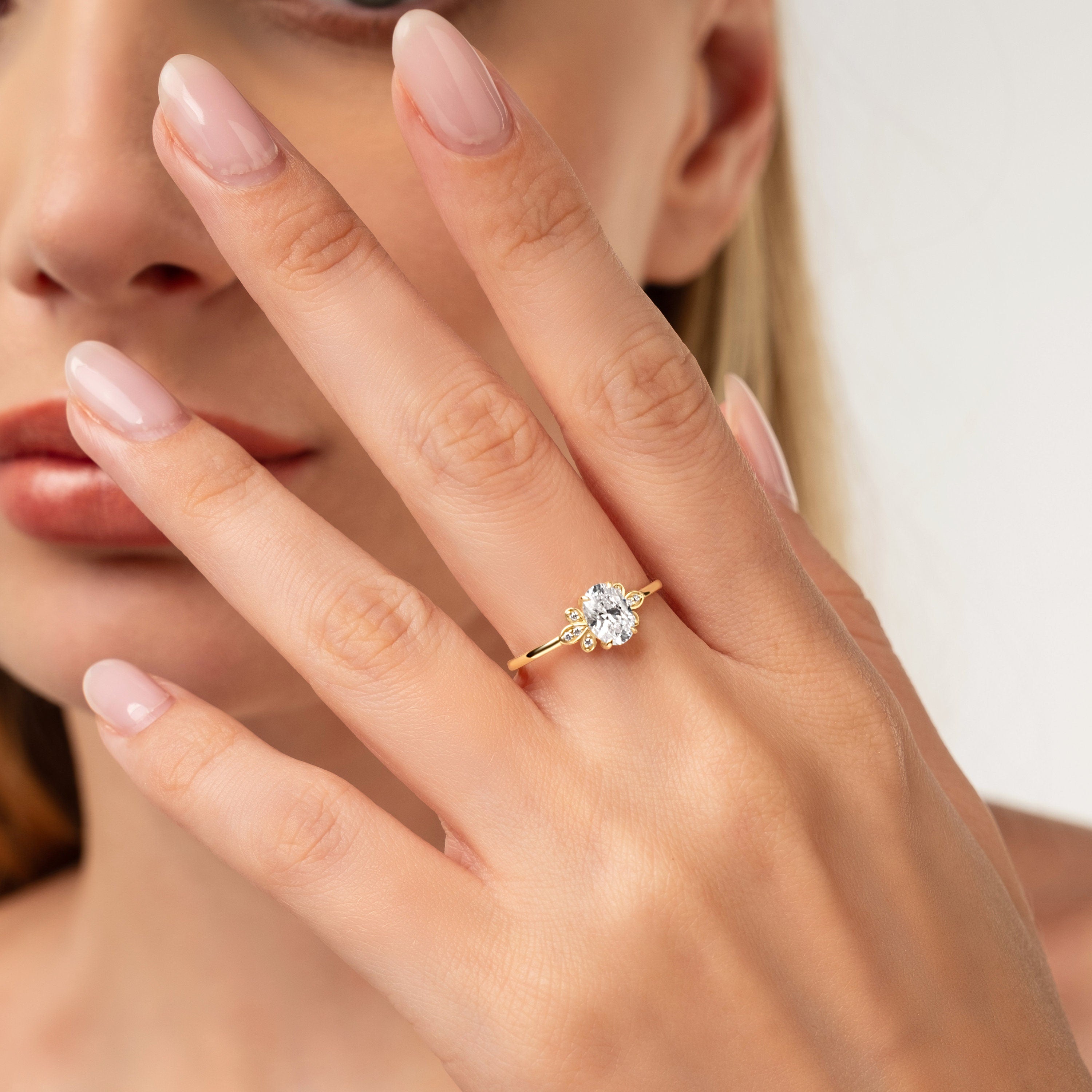 Solid Gold Floral Ring Oval Cut Diamond Cluster