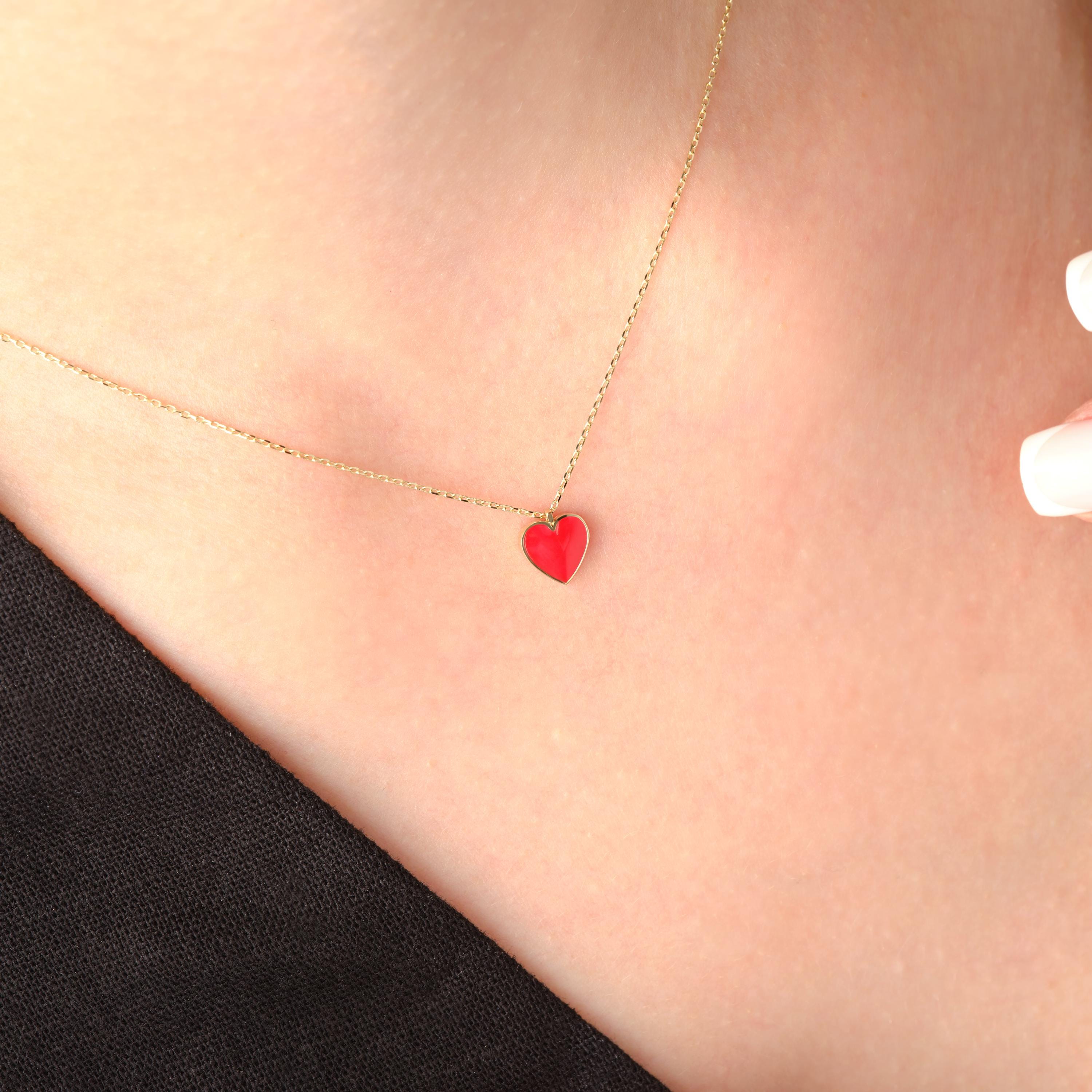 Gold Heart Pendant Red Enamel Necklace Valentines Gift