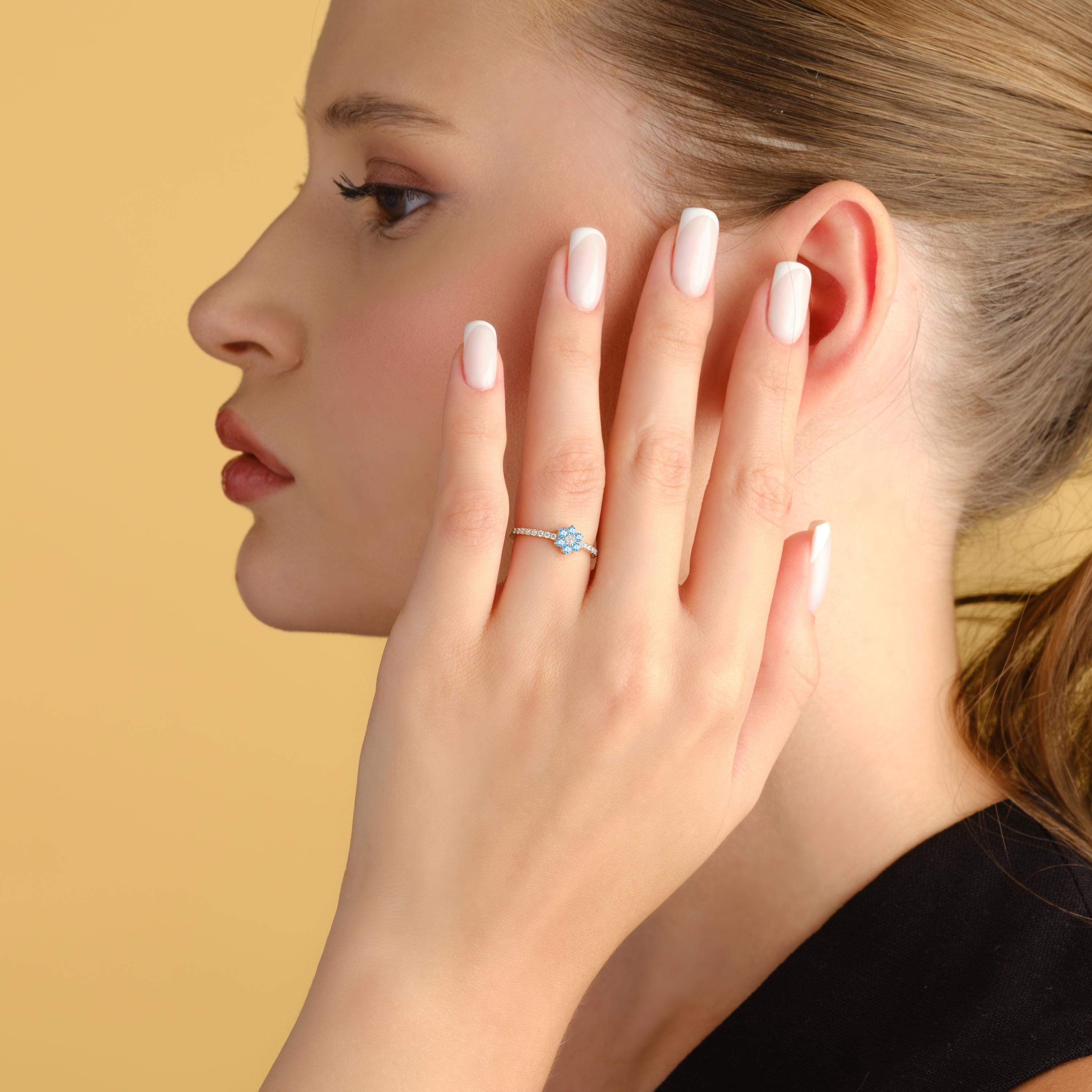 Blue Topaz Ring Solid Gold Floral Cluster