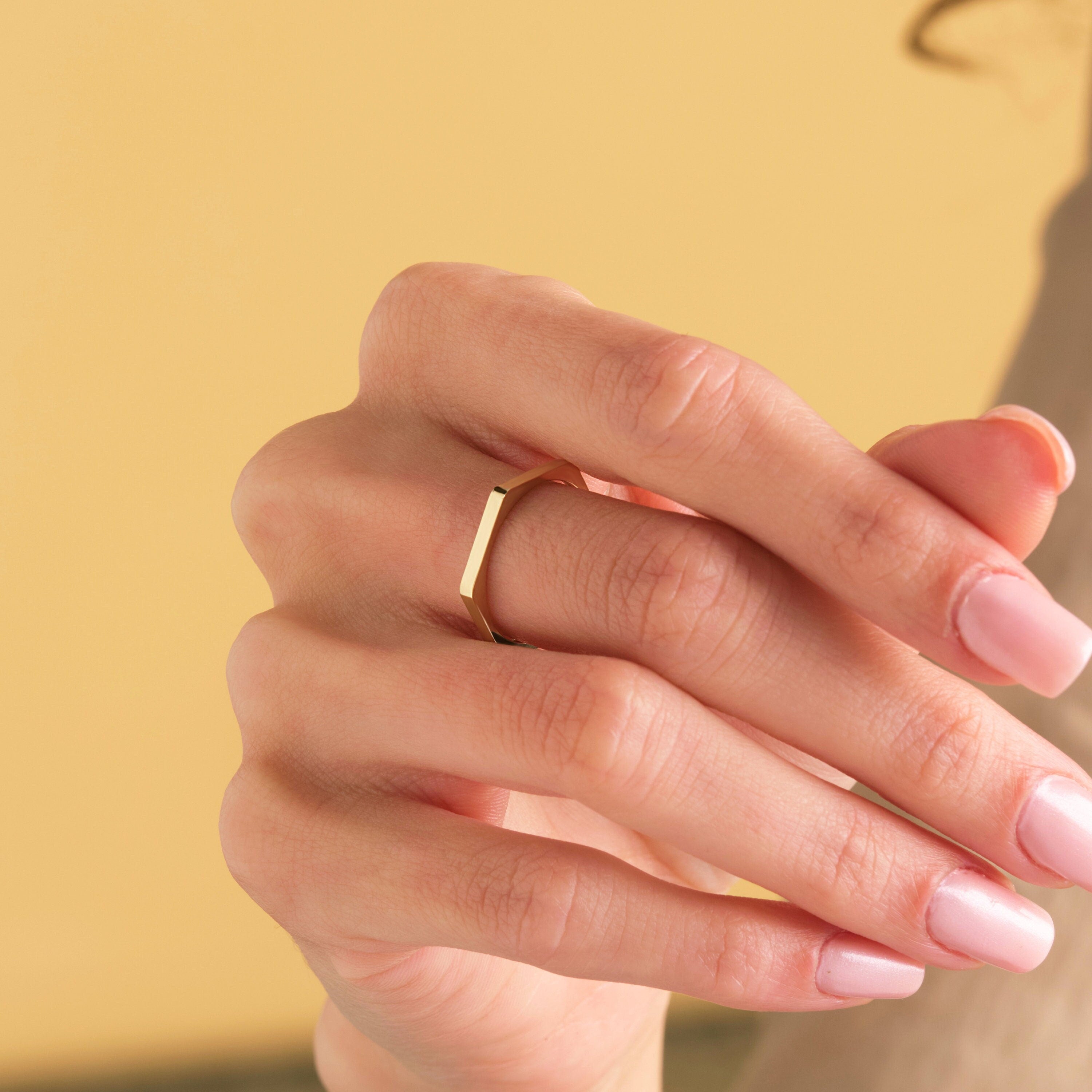 14K Gold Hexagon Ring - Solid Geometric Band